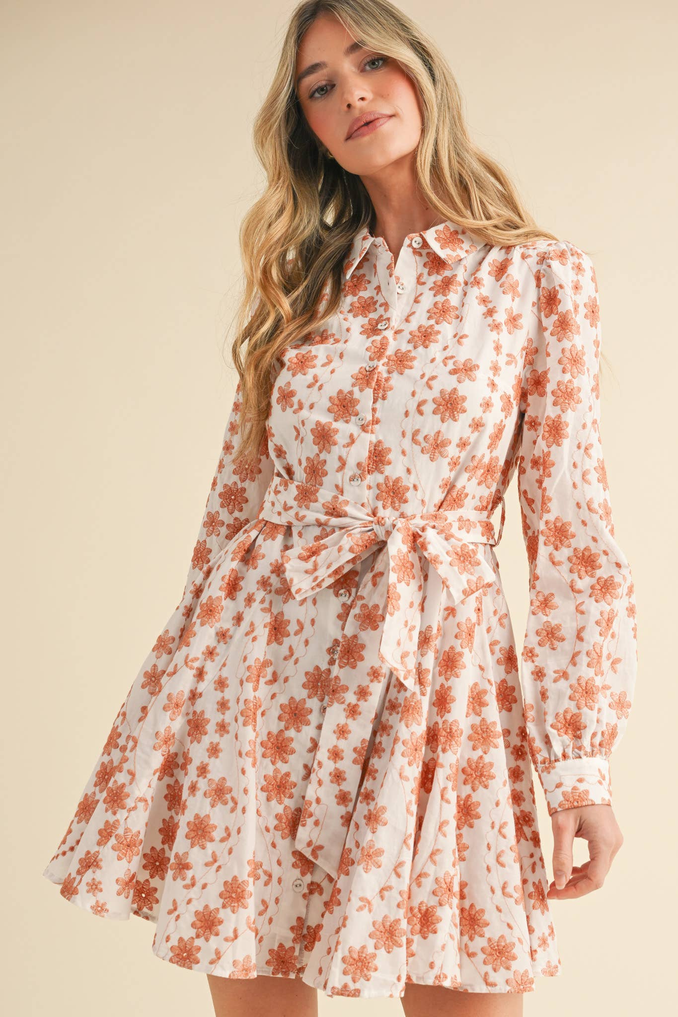 Floral Embroidery Button Down Flared Dress