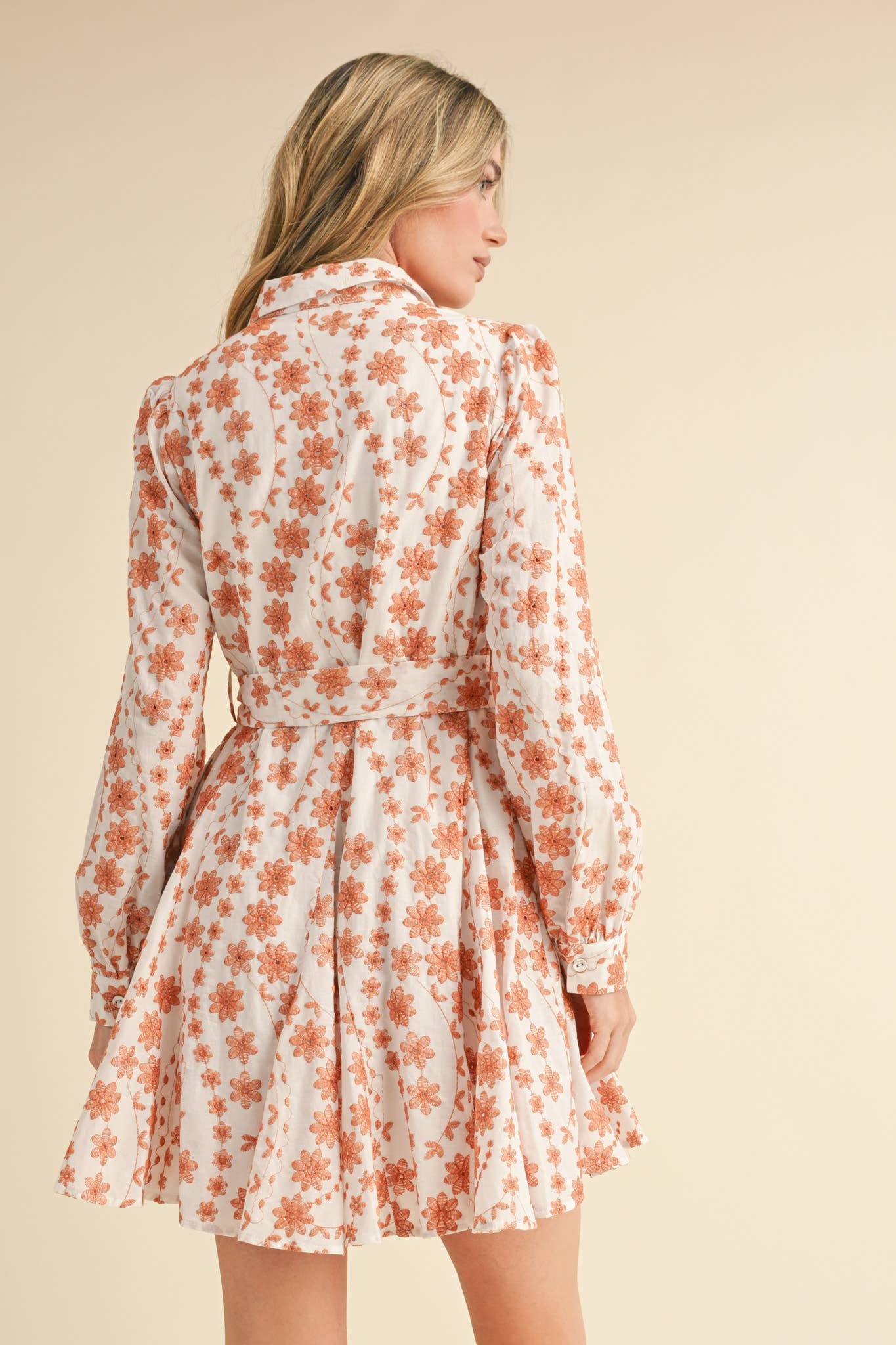 Floral Embroidery Button Down Flared Dress