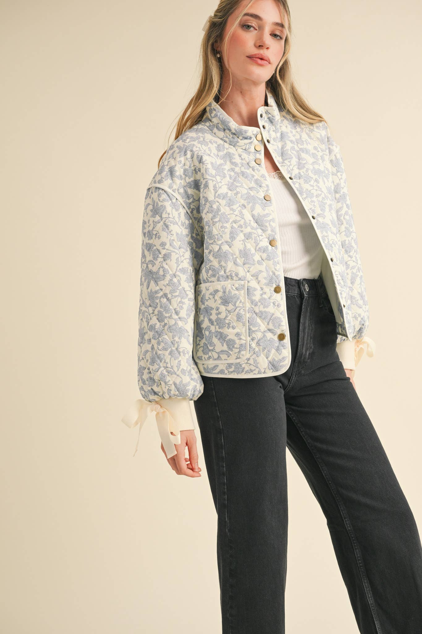 Floral Quilted Jacket With Ribbon