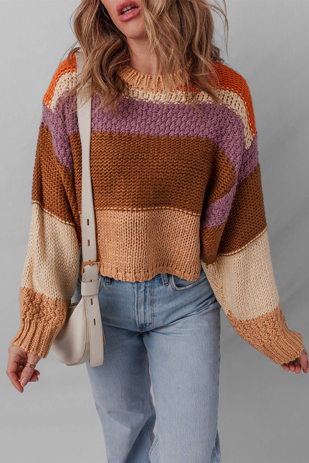 Colorblock Drop Shoulder Cropped Sweater | S-XL