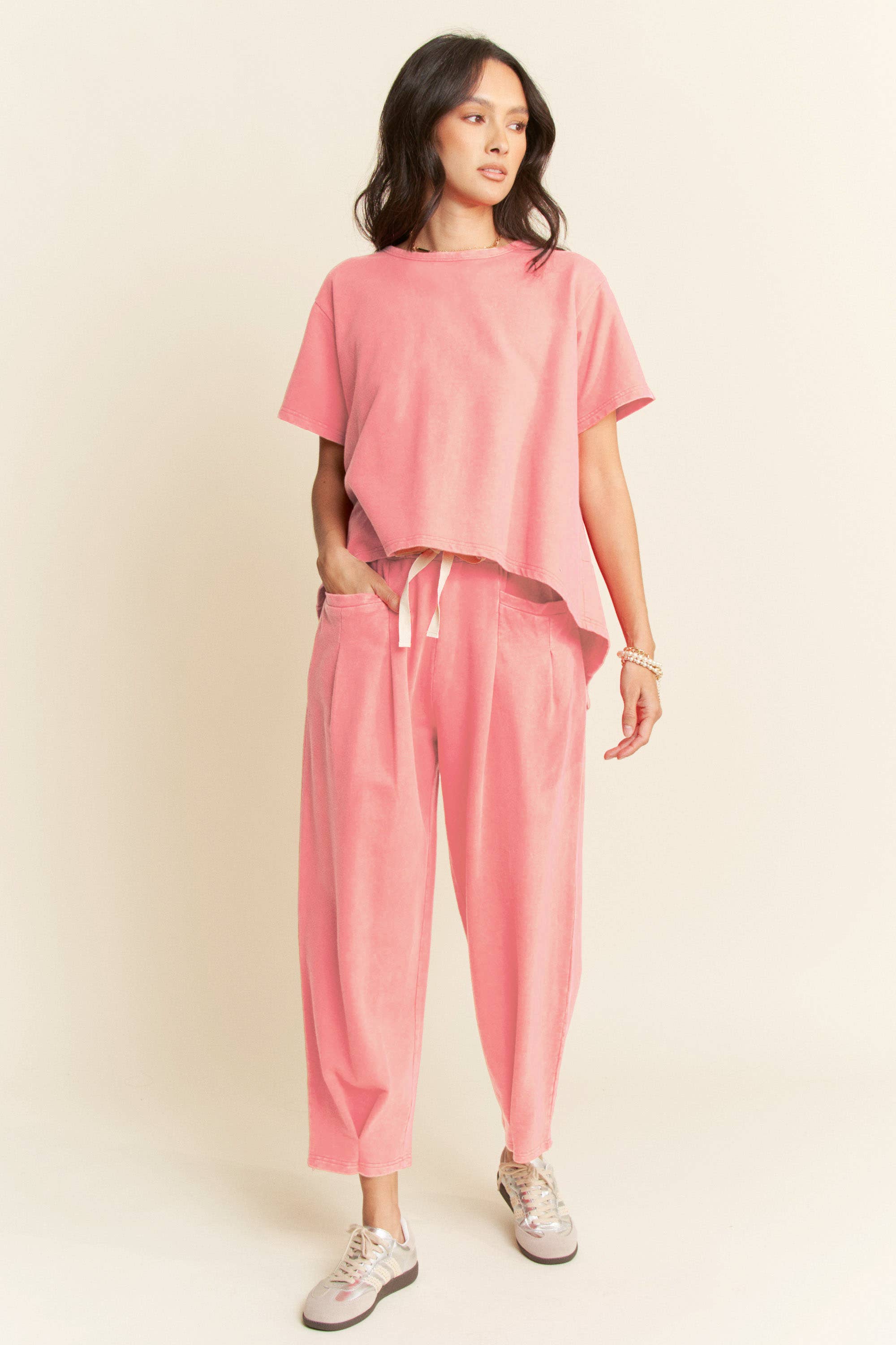 Short Sleeve Pleat Top Pants Set