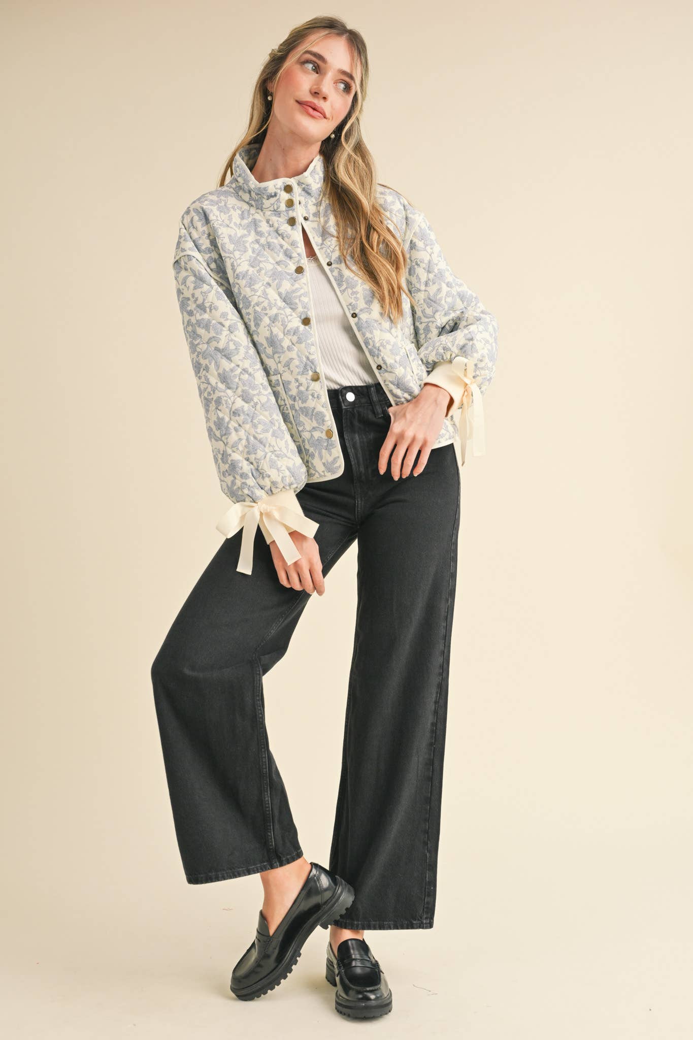 Floral Quilted Jacket With Ribbon