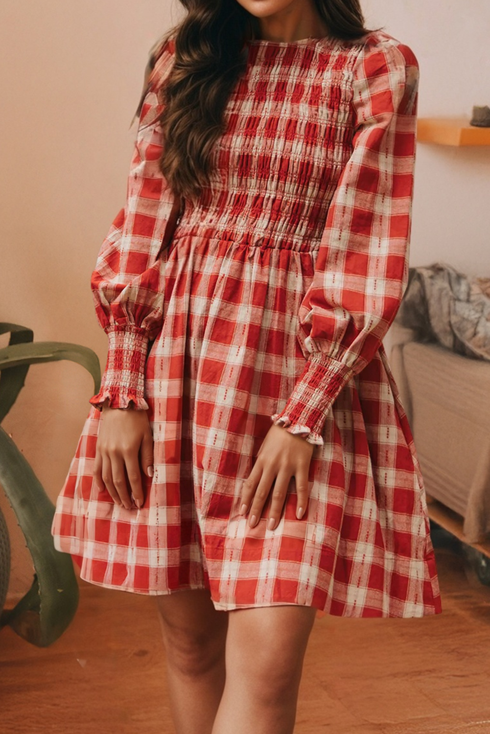 Plaid Print Long Sleeve Smocked Flared Mini Dress