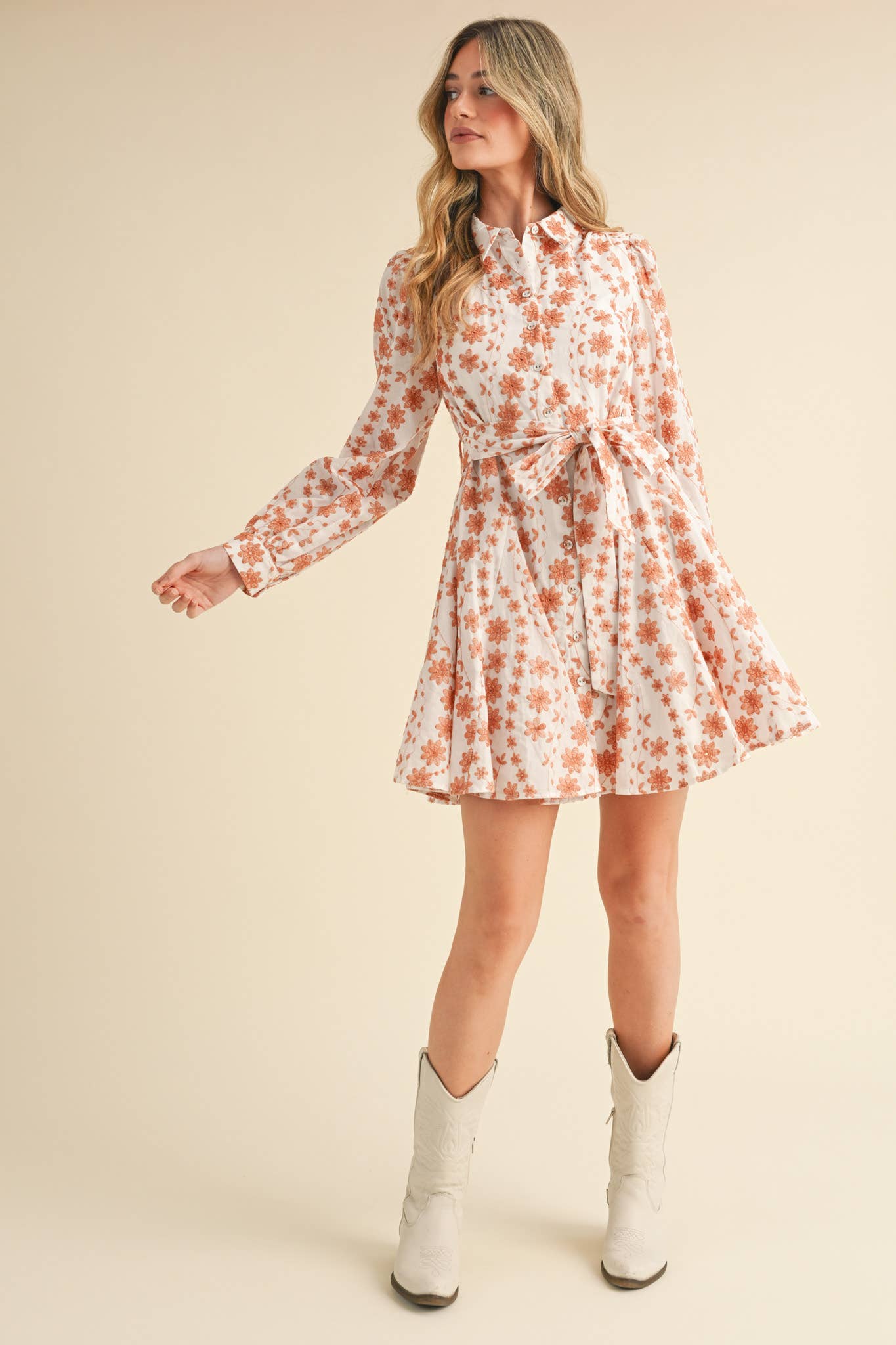 Floral Embroidery Button Down Flared Dress