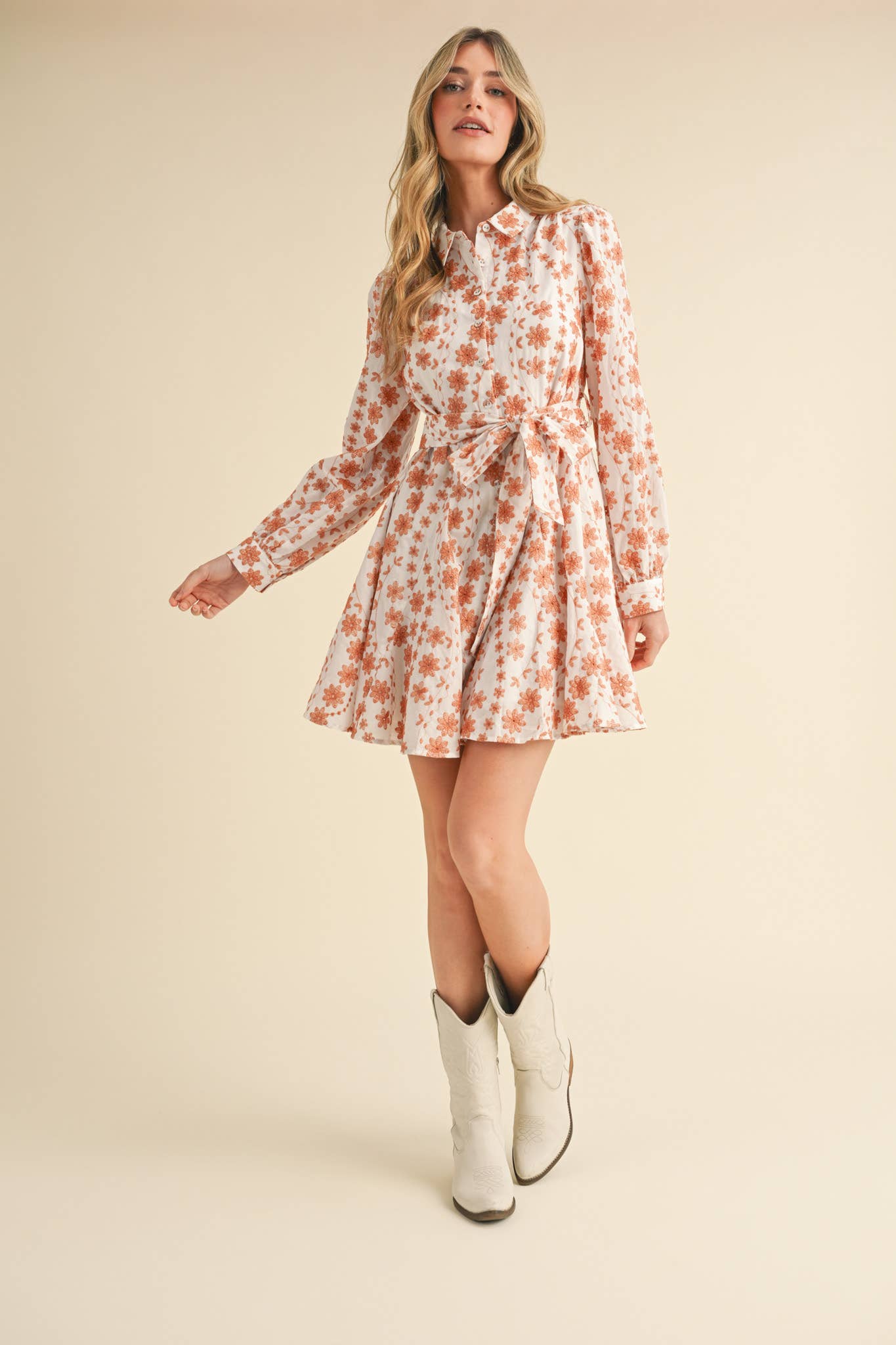 Floral Embroidery Button Down Flared Dress
