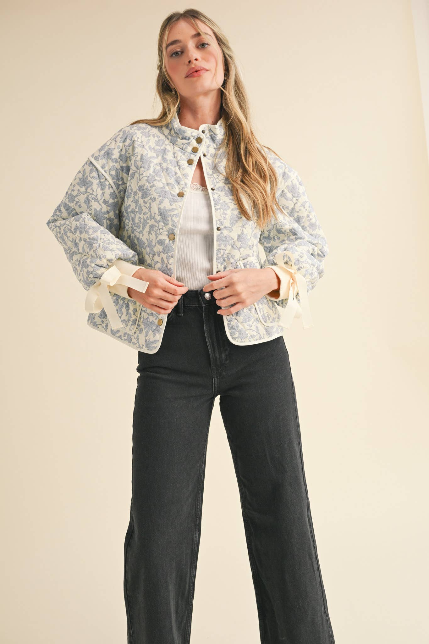 Floral Quilted Jacket With Ribbon
