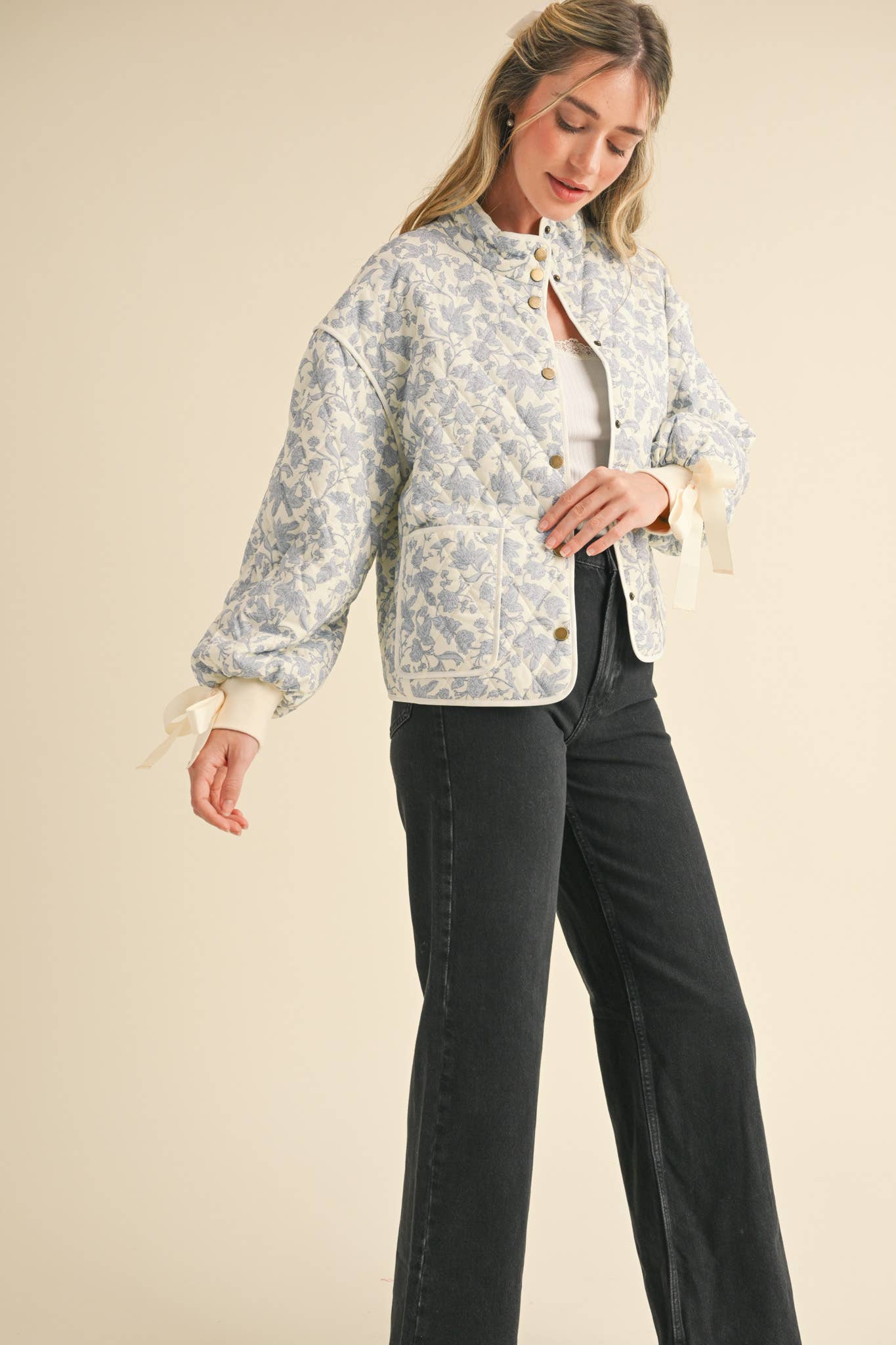 Floral Quilted Jacket With Ribbon