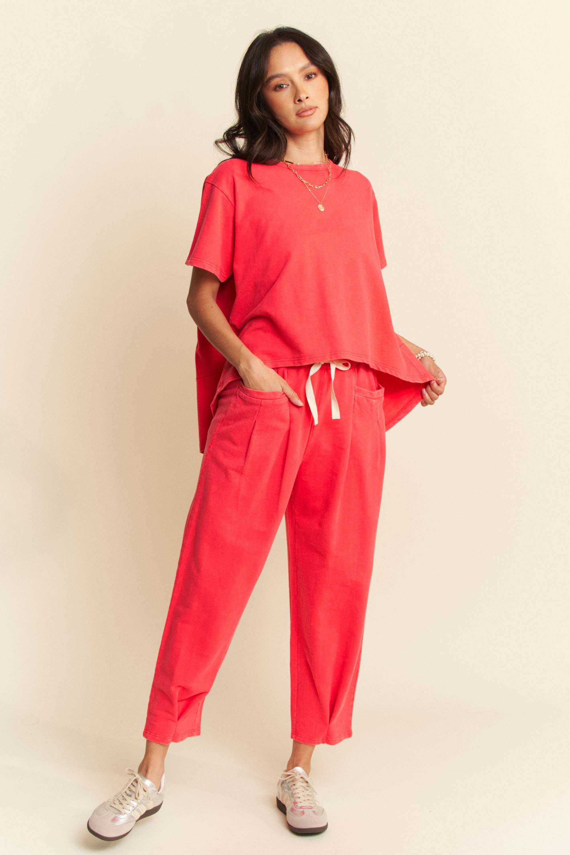 Short Sleeve Pleat Top Pants Set