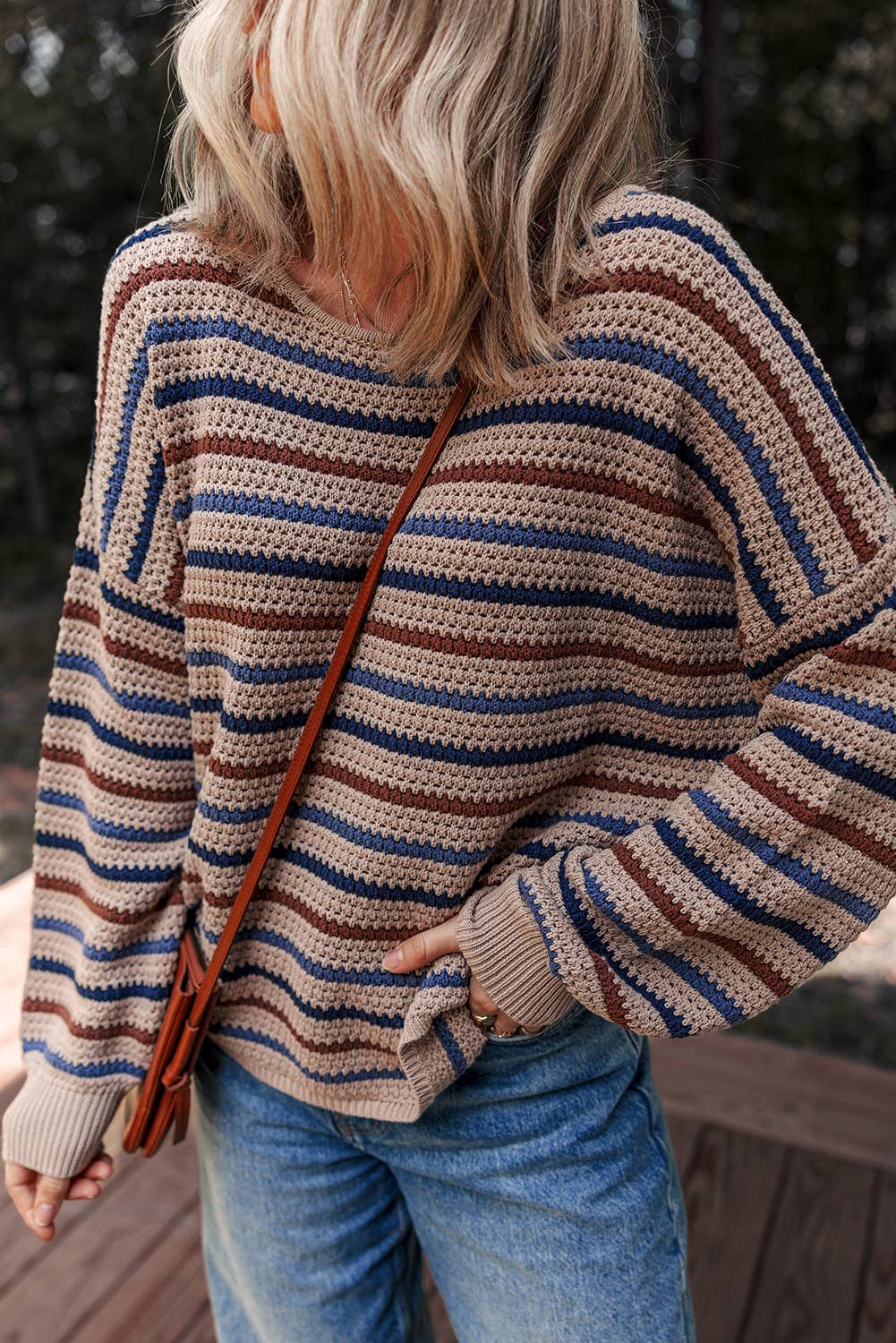 Striped Knitted Drop Shoulder Crew Neck Sweater