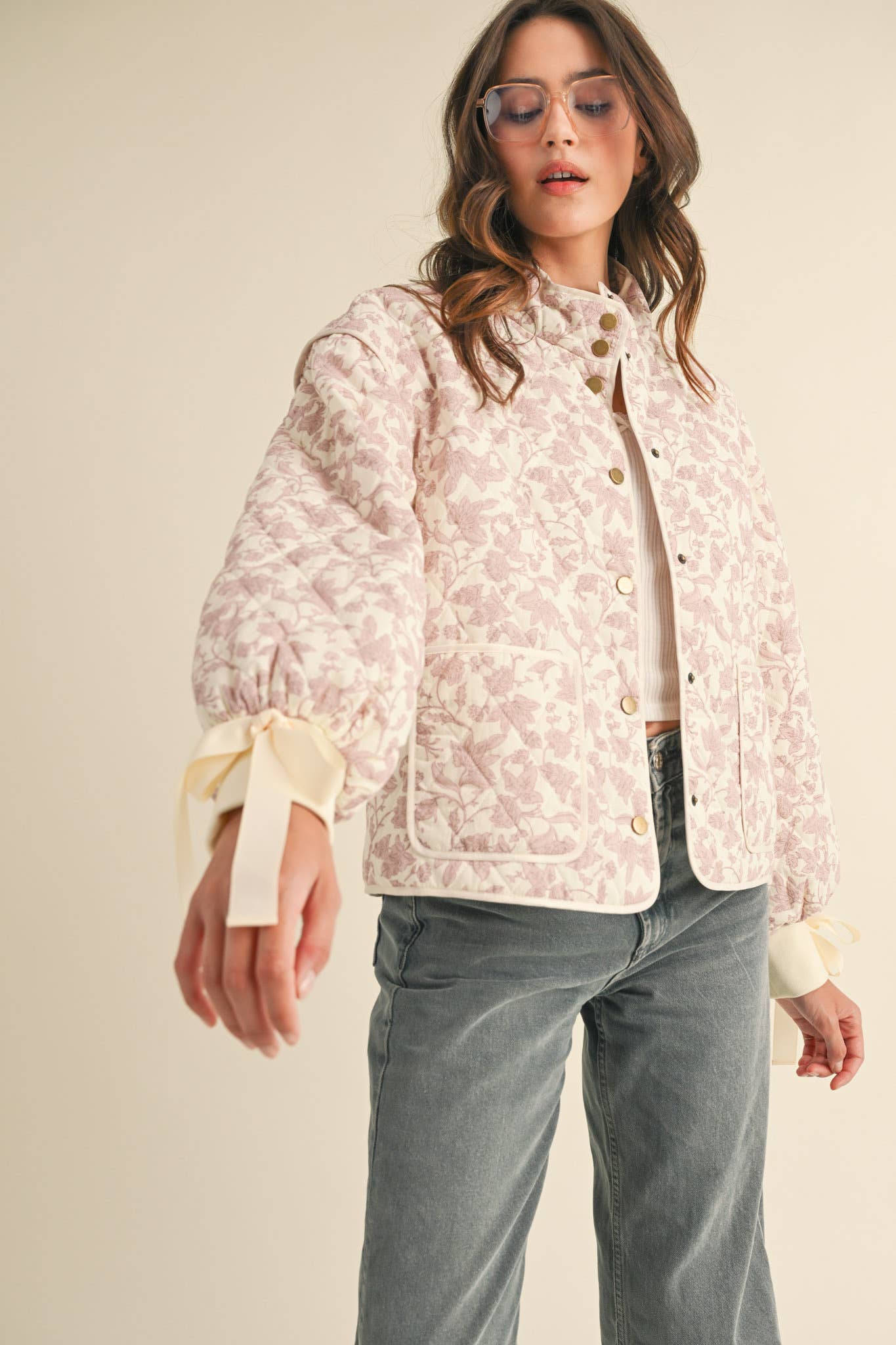 Floral Quilted Jacket With Ribbon