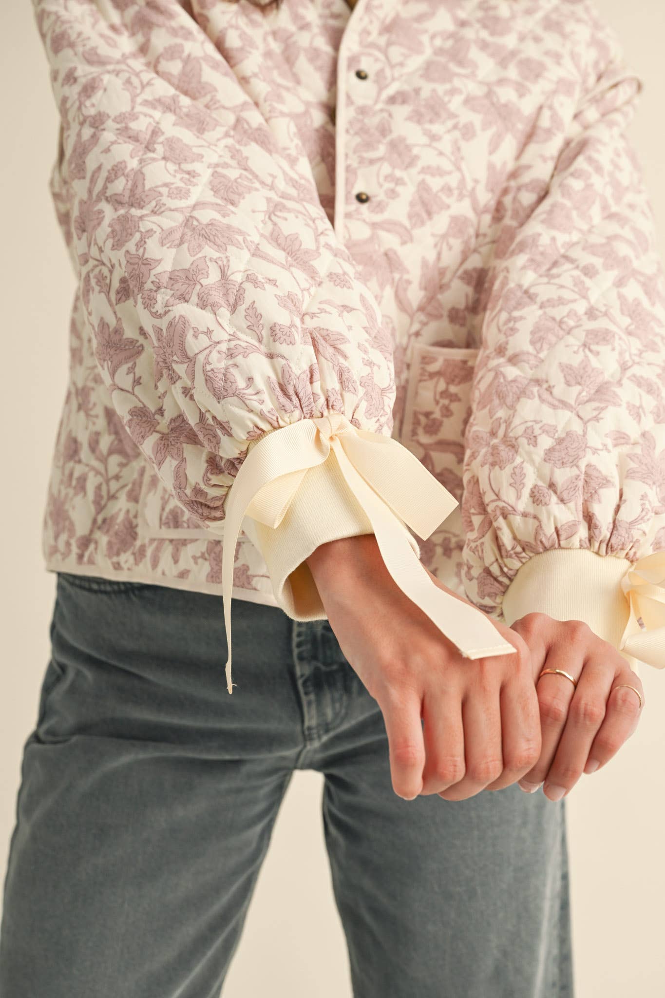 Floral Quilted Jacket With Ribbon