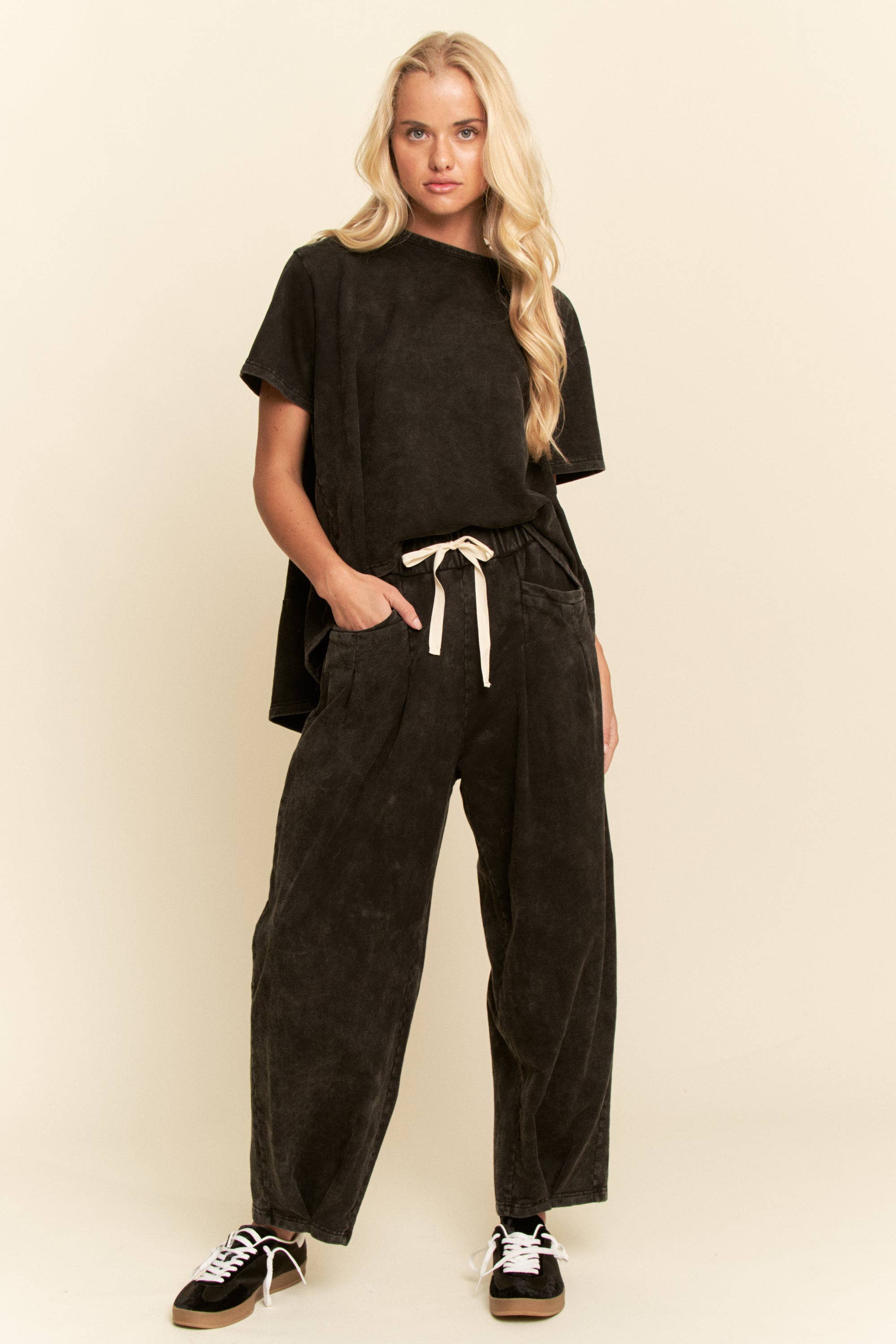 Short Sleeve Pleat Top Pants Set