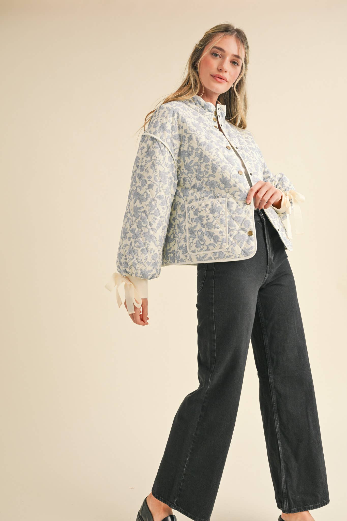 Floral Quilted Jacket With Ribbon