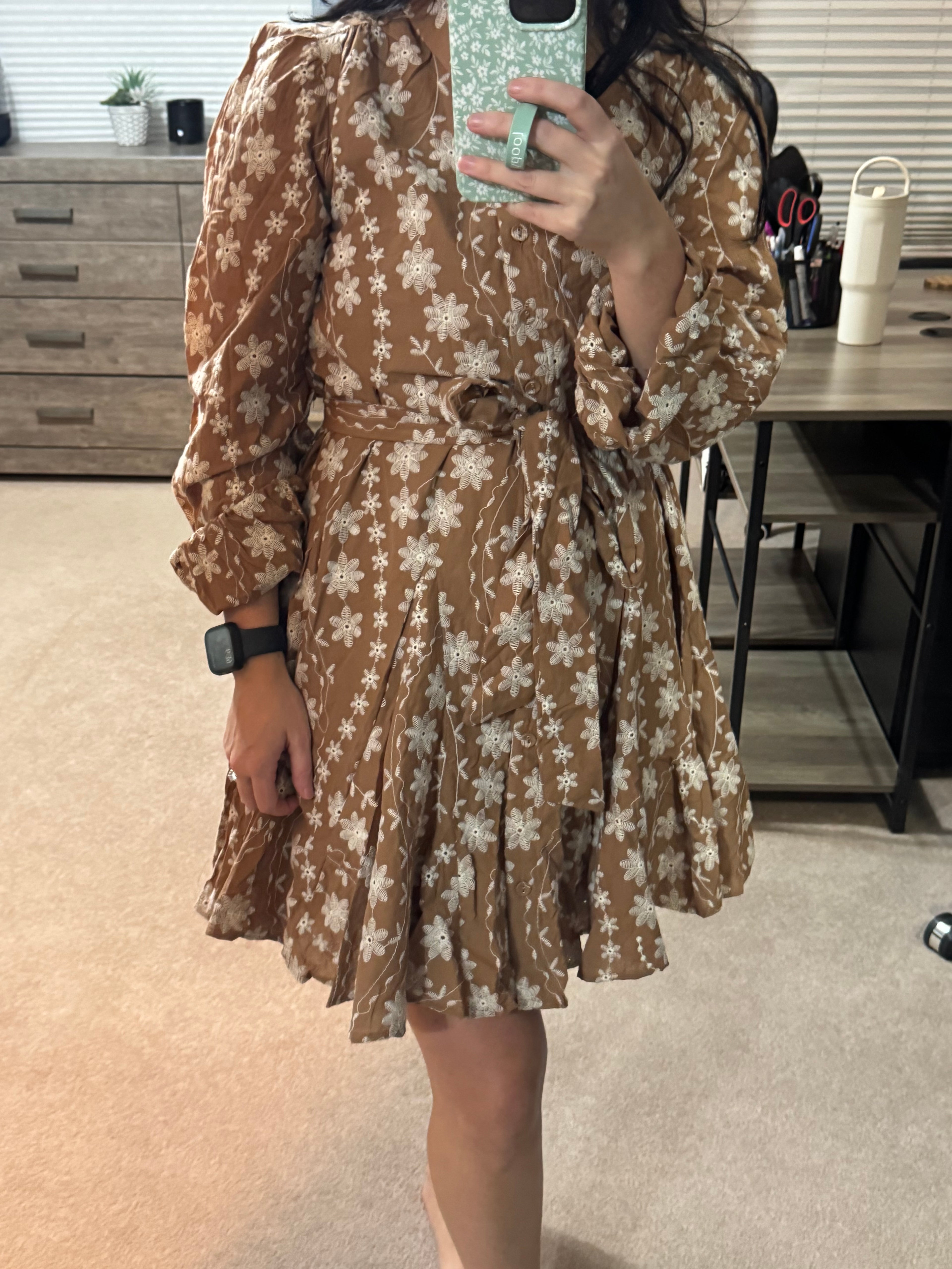 Floral Embroidery Button Down Flared Dress
