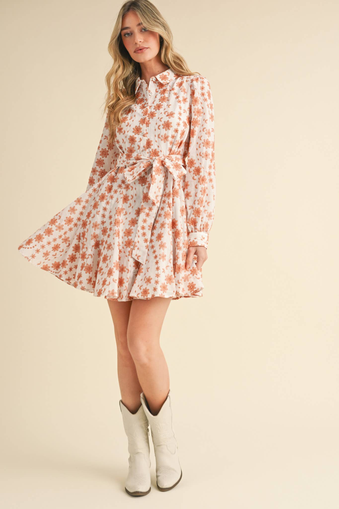 Floral Embroidery Button Down Flared Dress