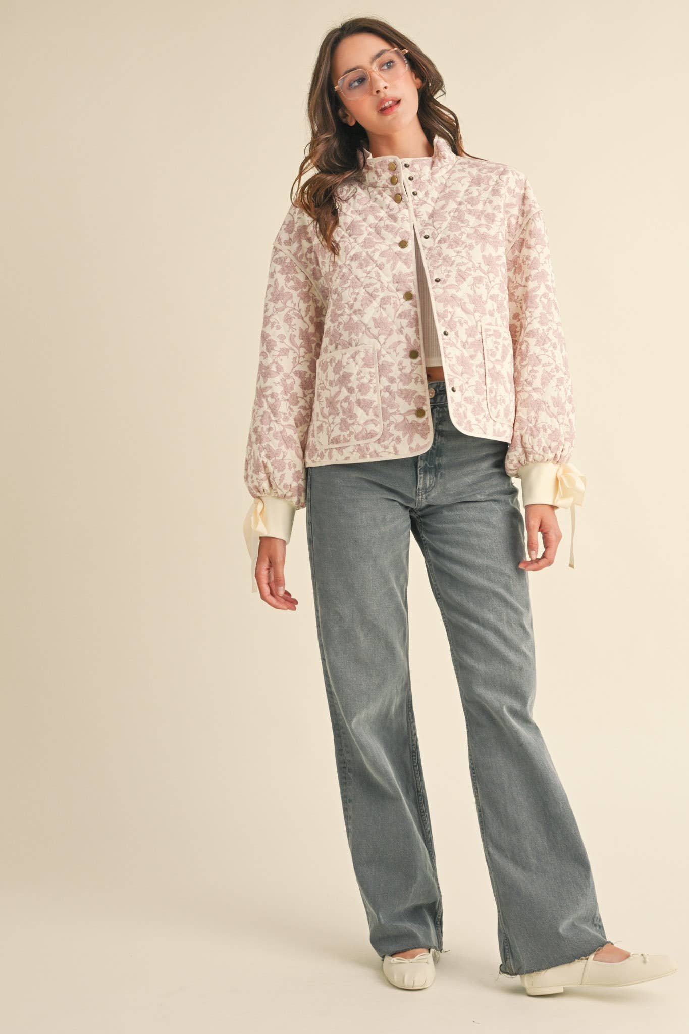 Floral Quilted Jacket With Ribbon