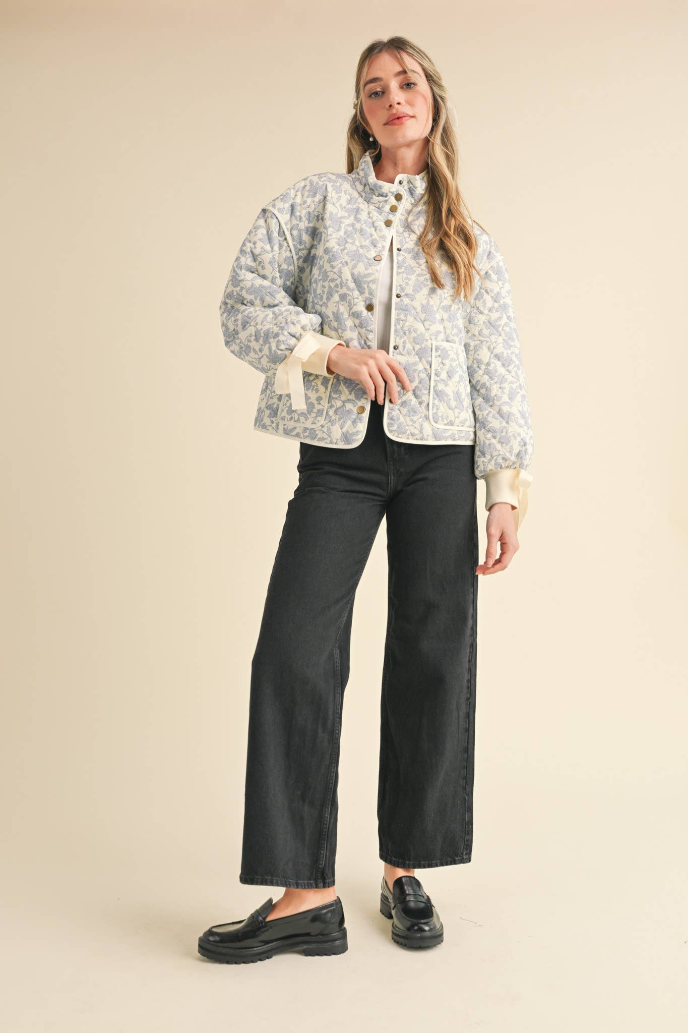 Floral Quilted Jacket With Ribbon