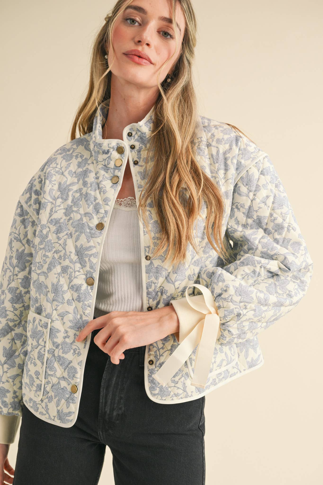 Floral Quilted Jacket With Ribbon