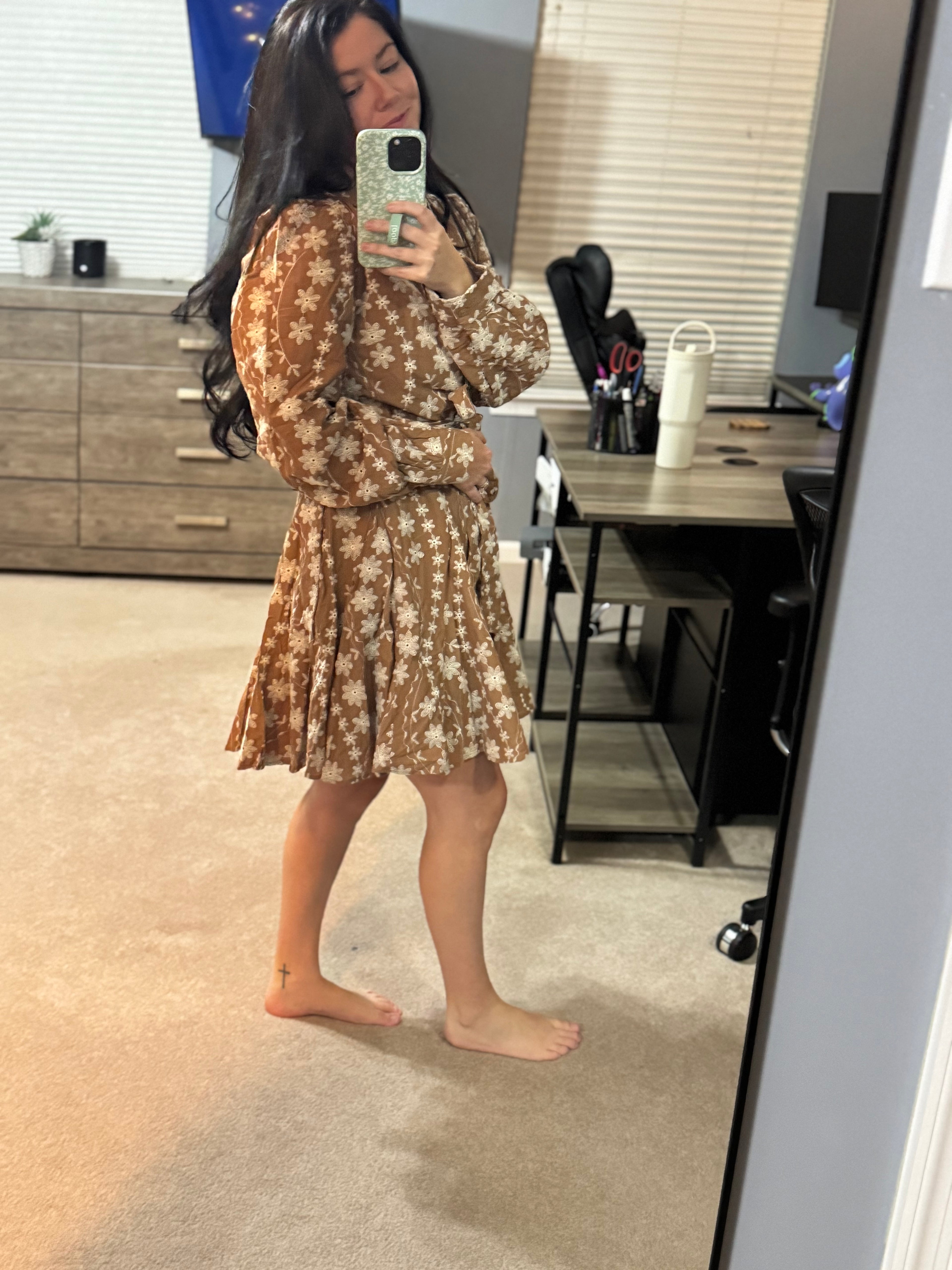 Floral Embroidery Button Down Flared Dress