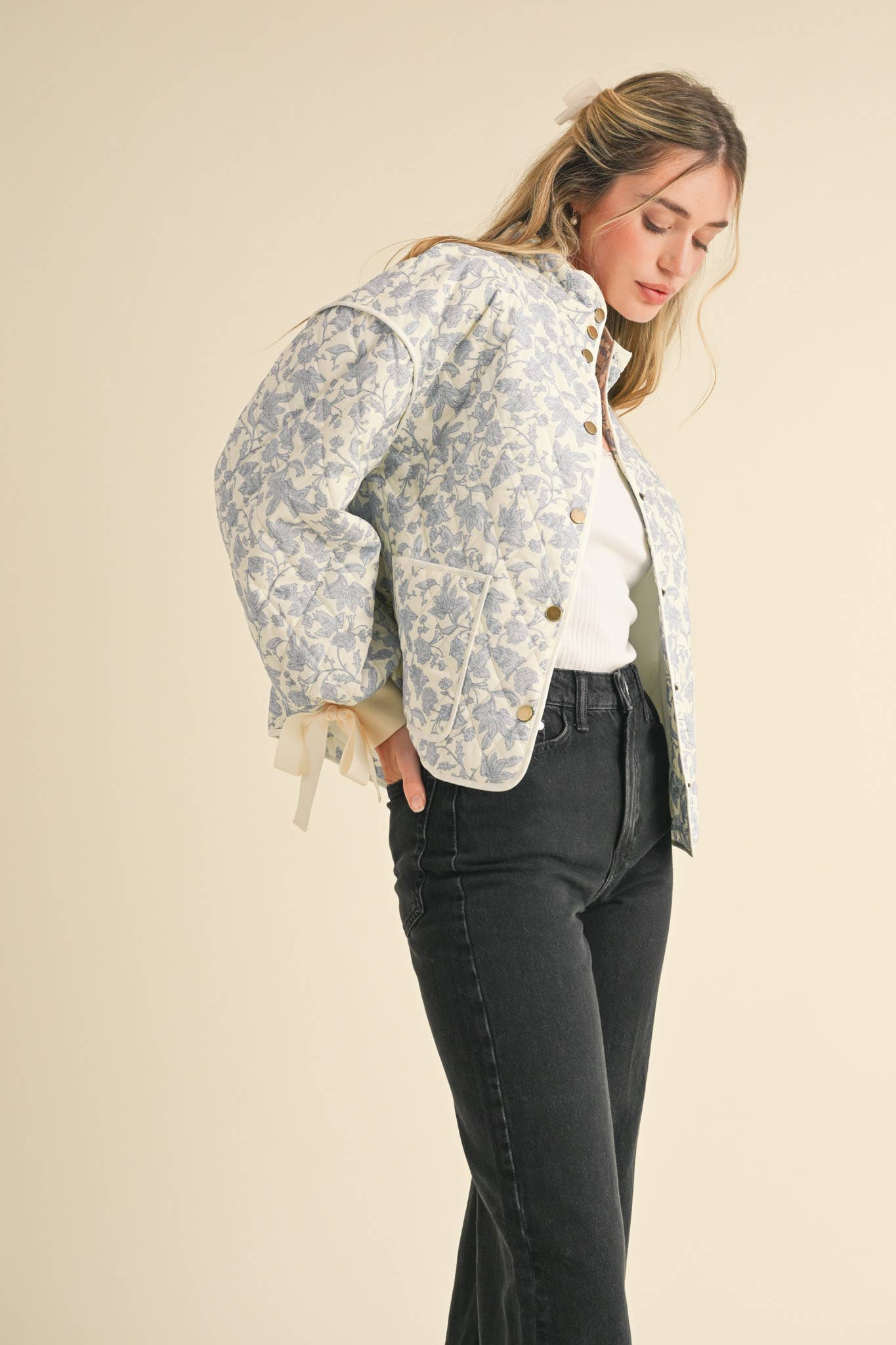 Floral Quilted Jacket With Ribbon
