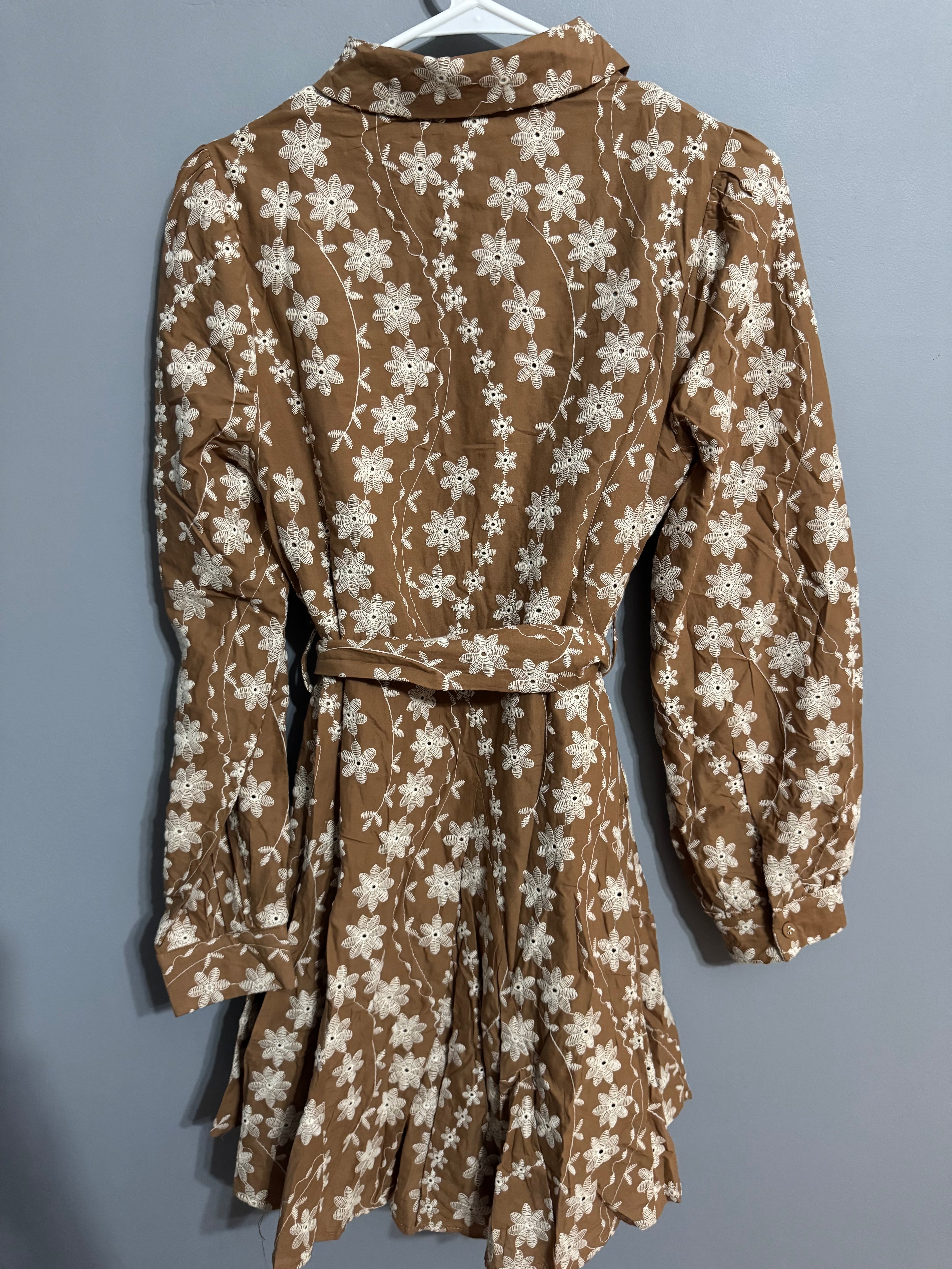 Floral Embroidery Button Down Flared Dress