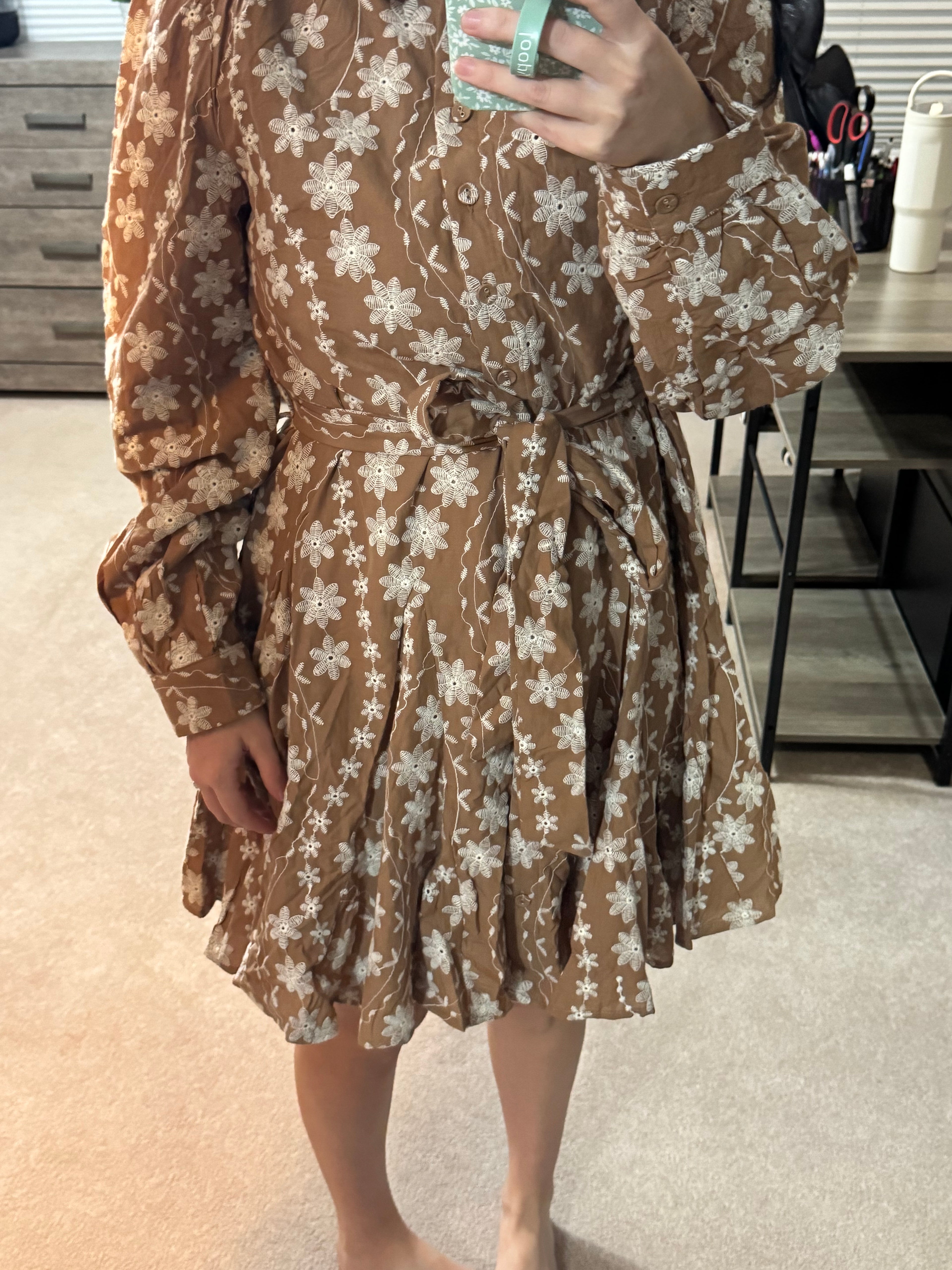 Floral Embroidery Button Down Flared Dress