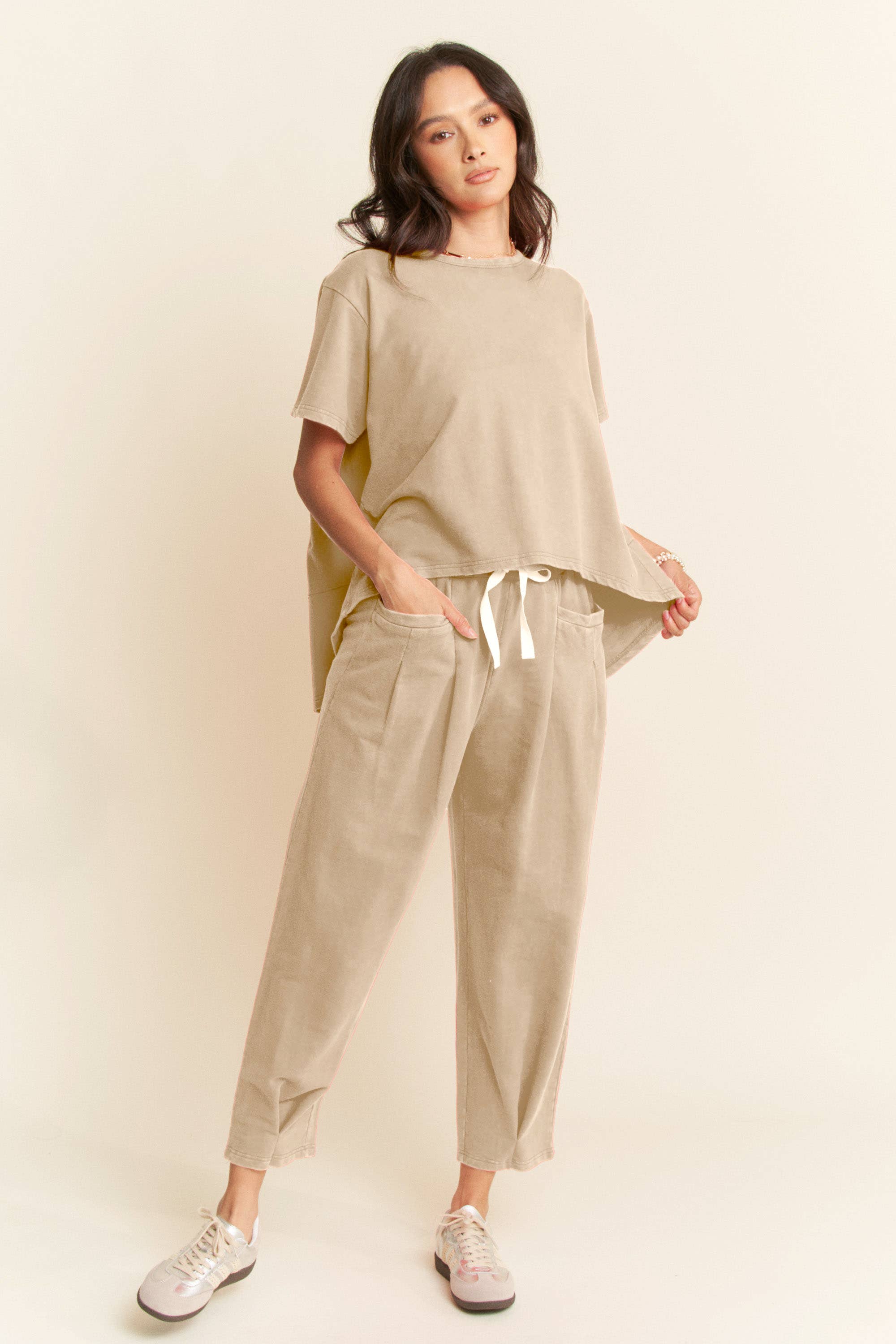 Short Sleeve Pleat Top Pants Set