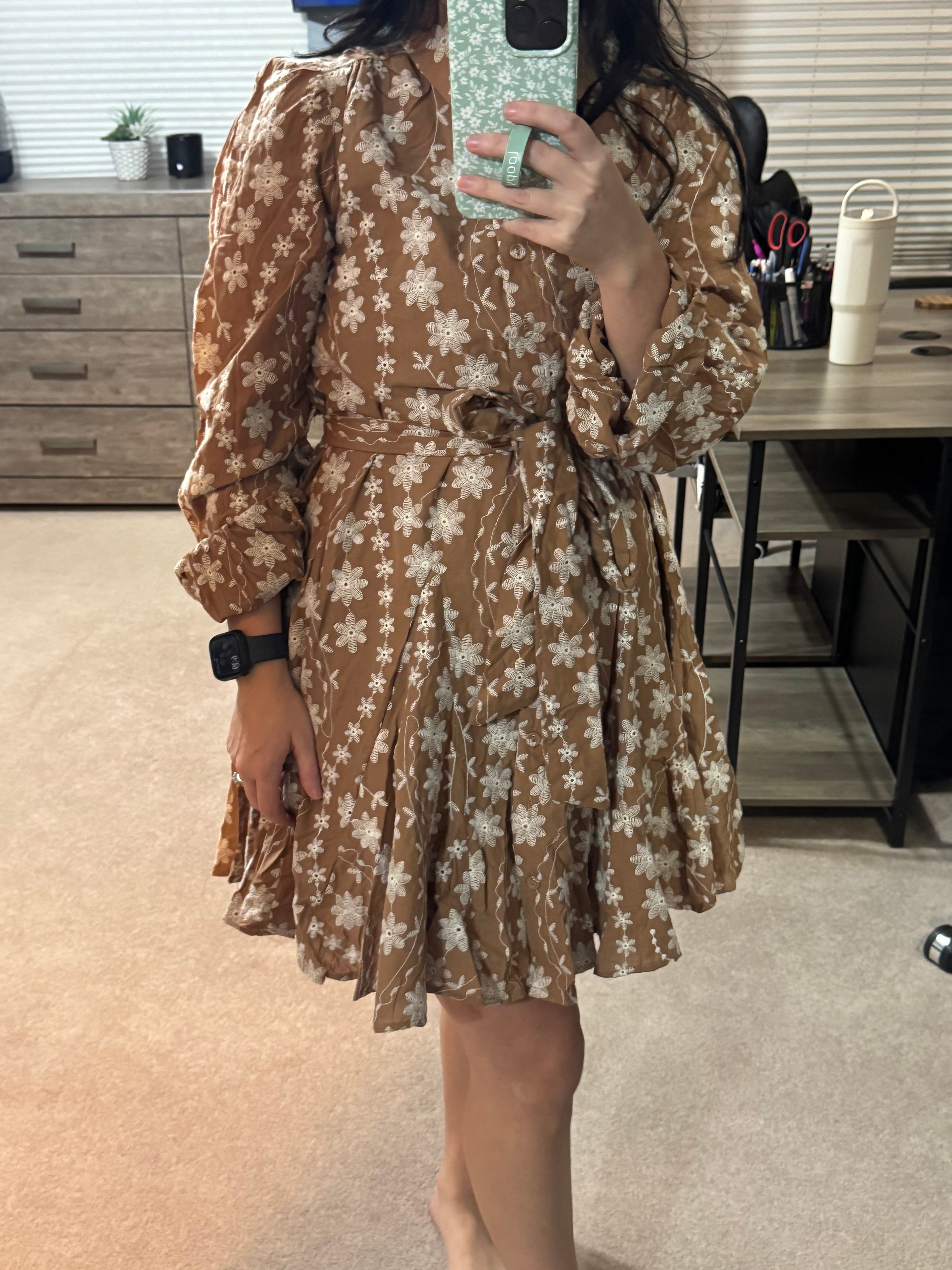 Floral Embroidery Button Down Flared Dress