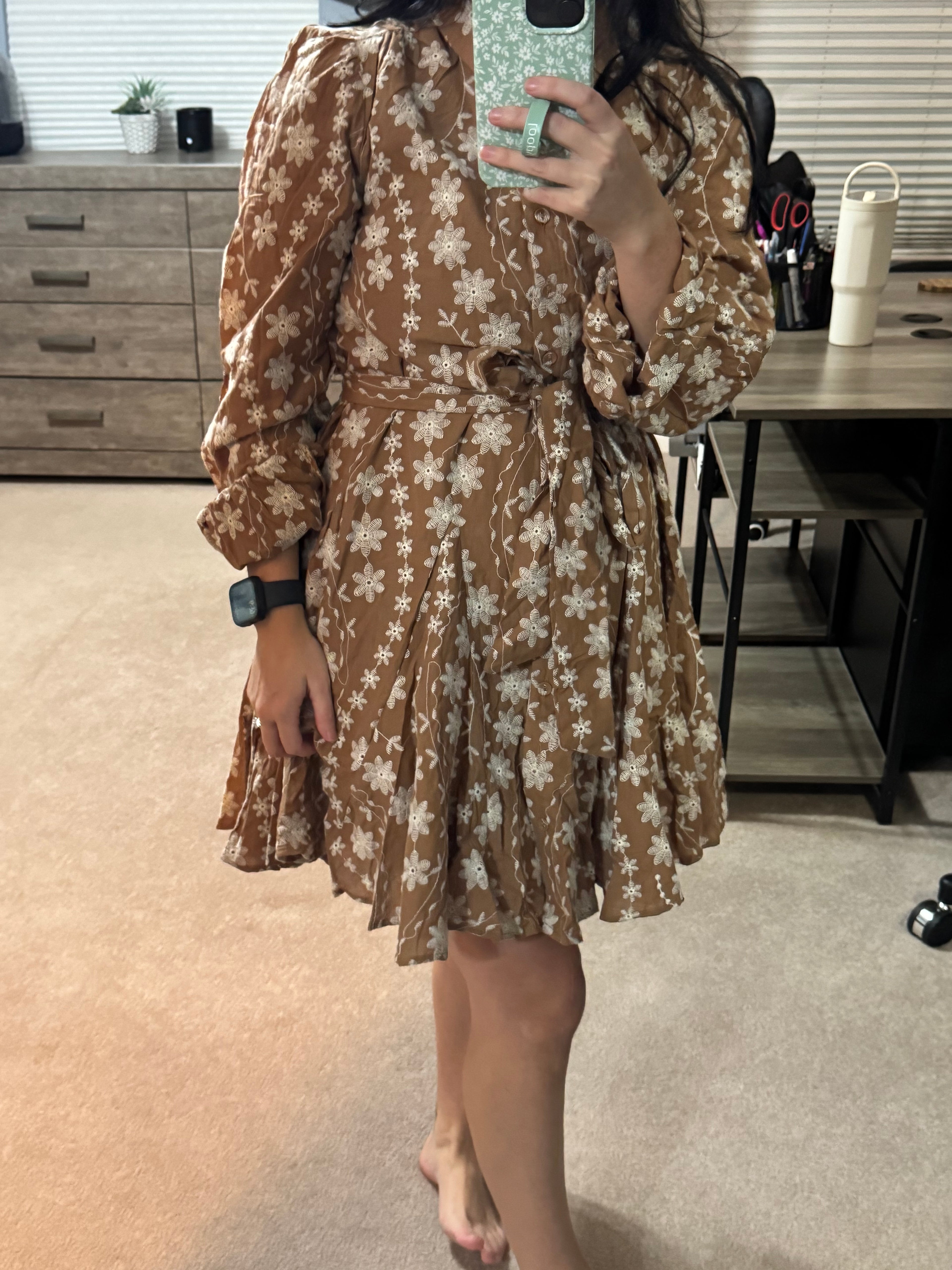 Floral Embroidery Button Down Flared Dress