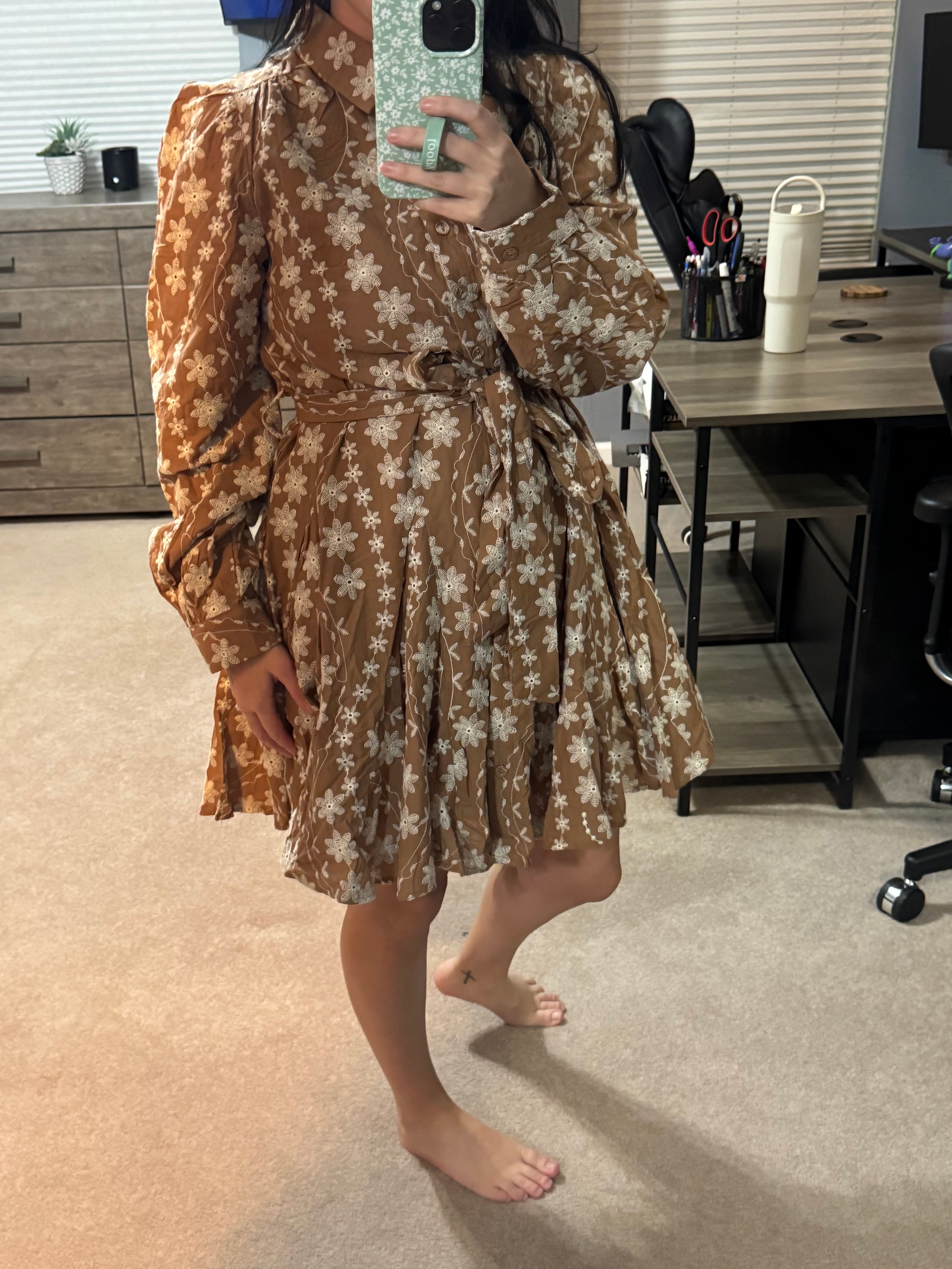 Floral Embroidery Button Down Flared Dress