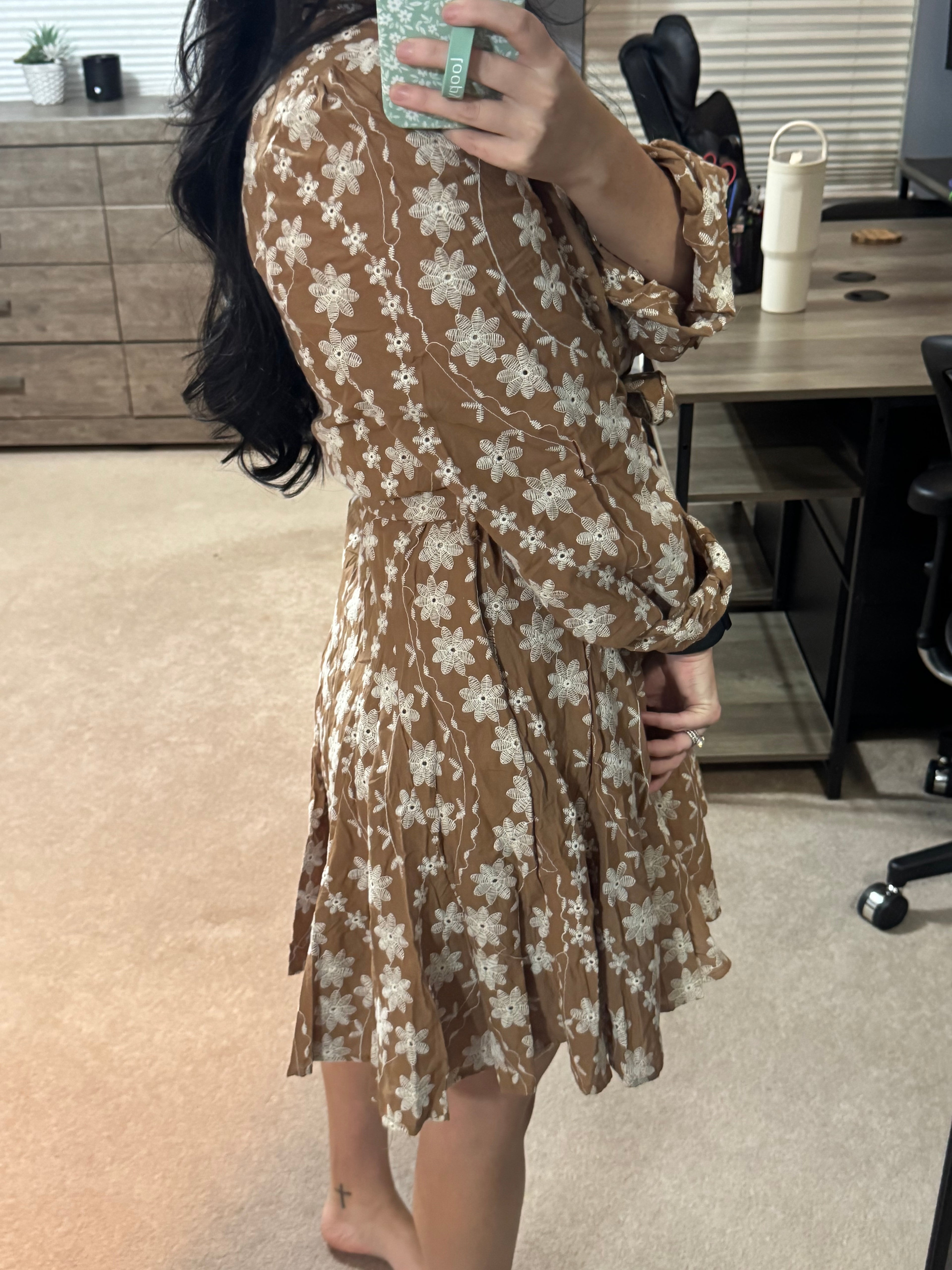 Floral Embroidery Button Down Flared Dress