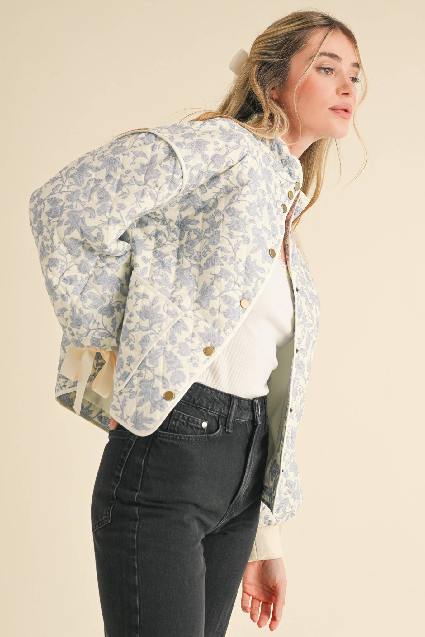 Floral Quilted Jacket With Ribbon