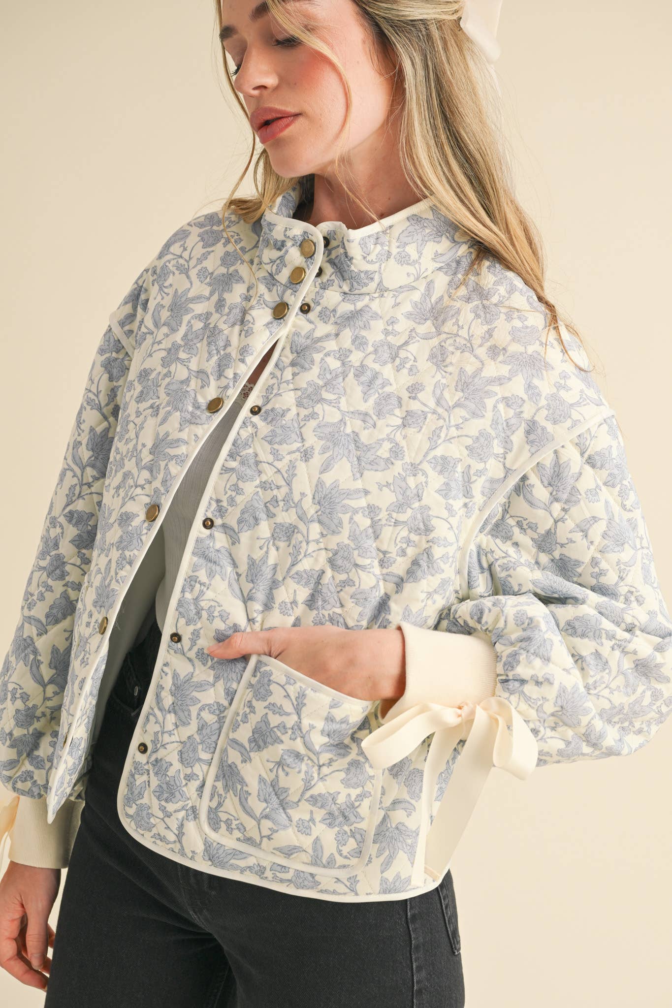Floral Quilted Jacket With Ribbon