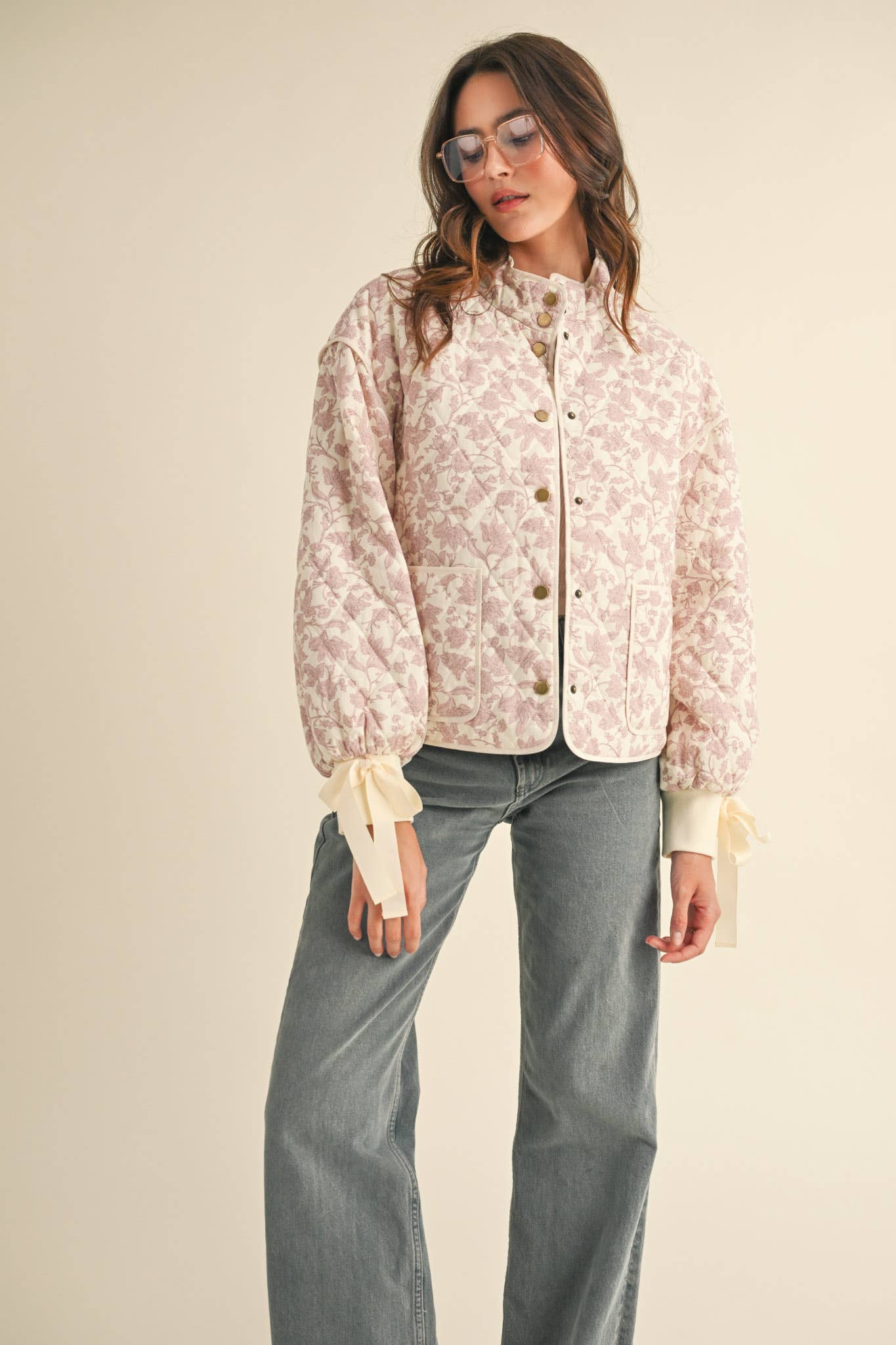 Floral Quilted Jacket With Ribbon