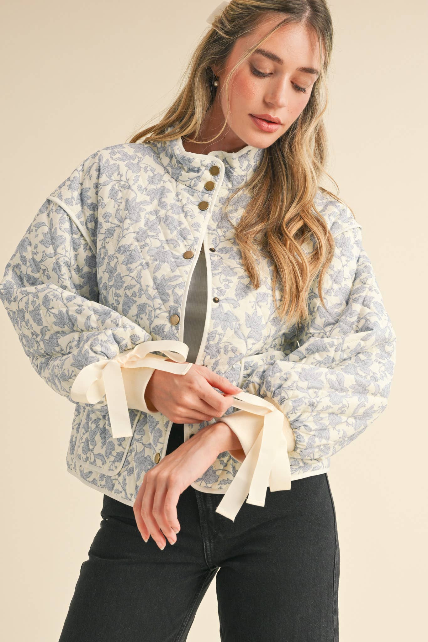 Floral Quilted Jacket With Ribbon