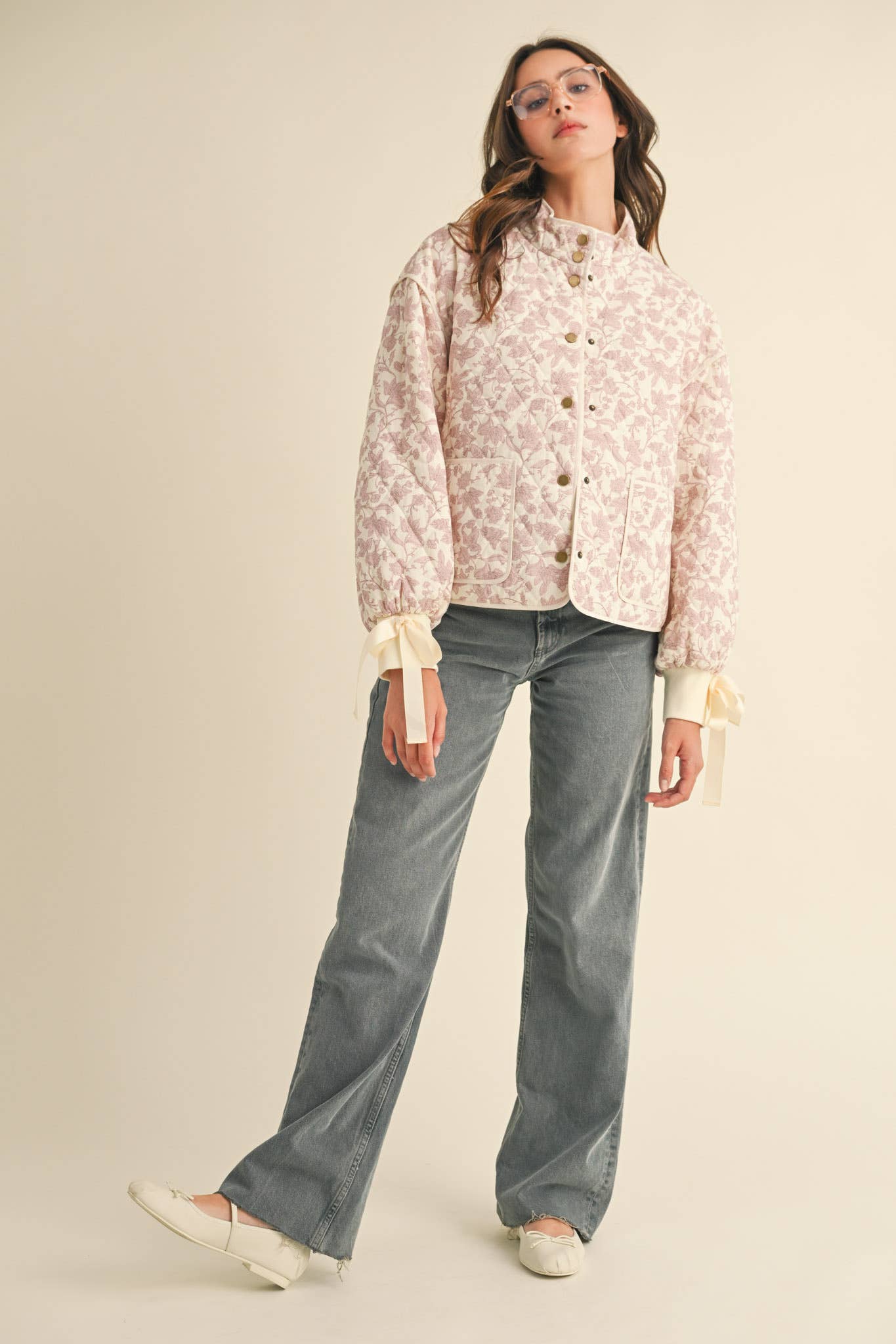 Floral Quilted Jacket With Ribbon