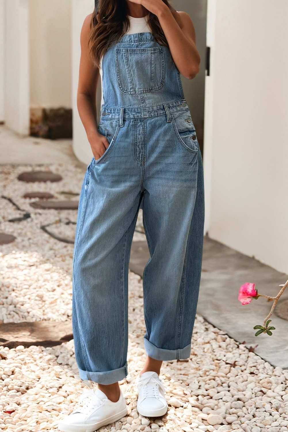Adjustable Buckle Barrel Denim Overalls