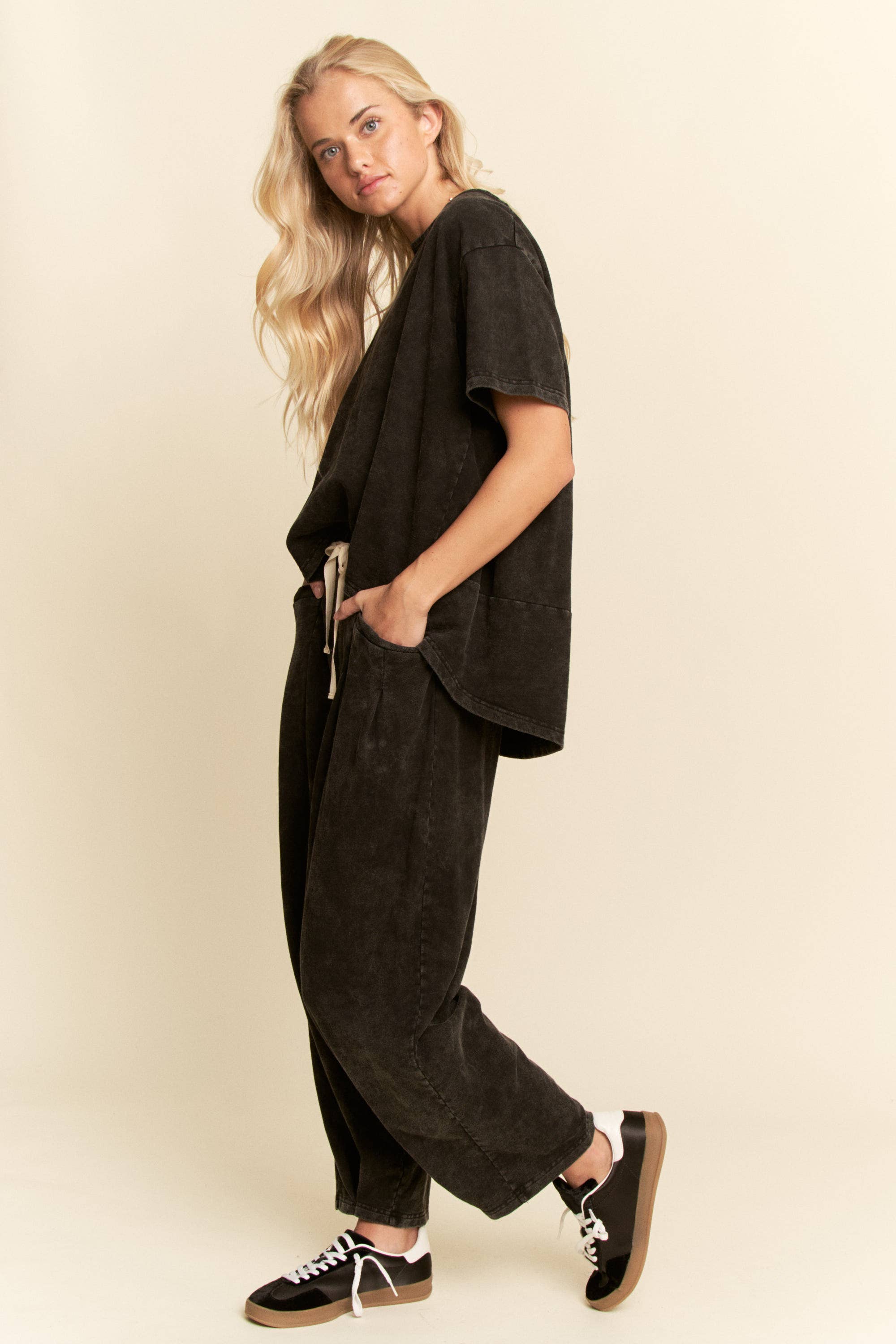 Short Sleeve Pleat Top Pants Set