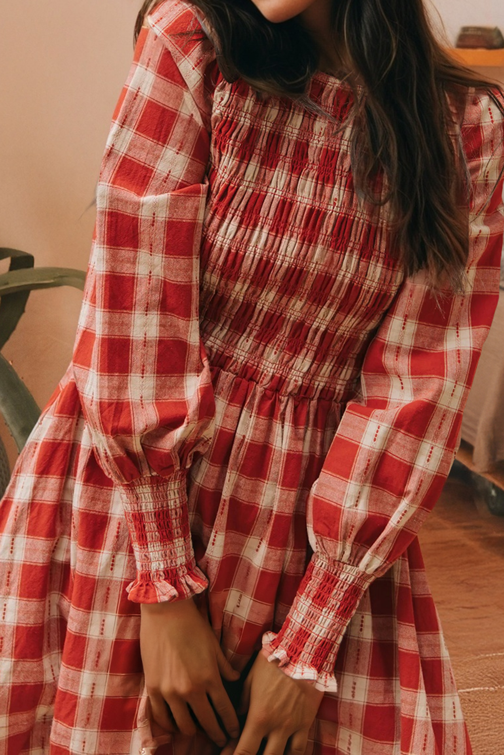 Plaid Print Long Sleeve Smocked Flared Mini Dress