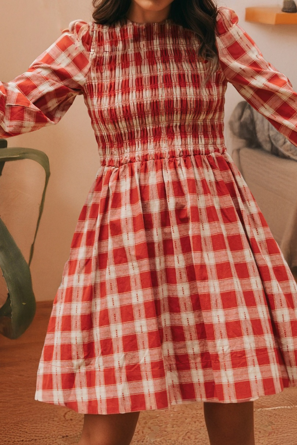 Plaid Print Long Sleeve Smocked Flared Mini Dress