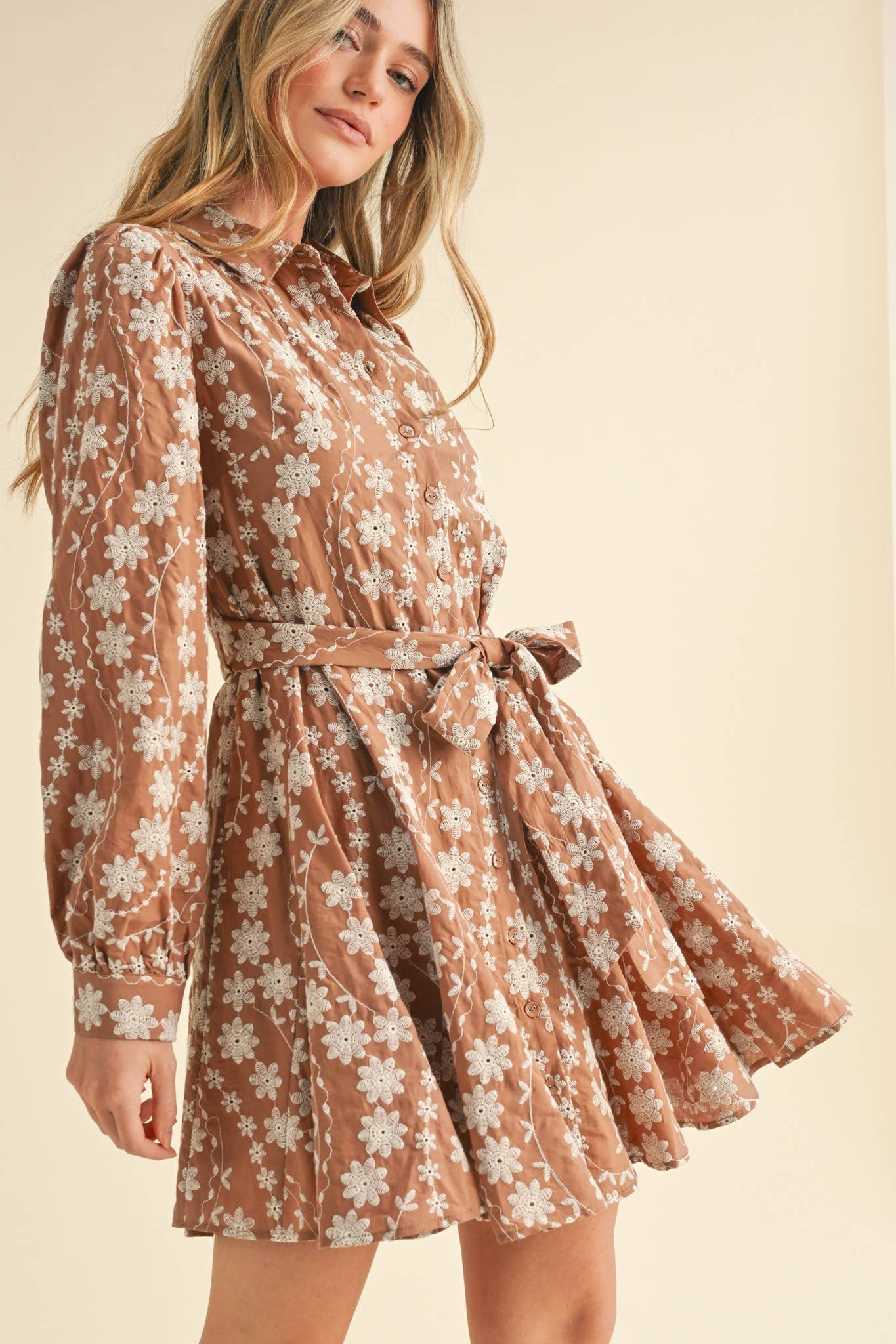 Floral Embroidery Button Down Flared Dress