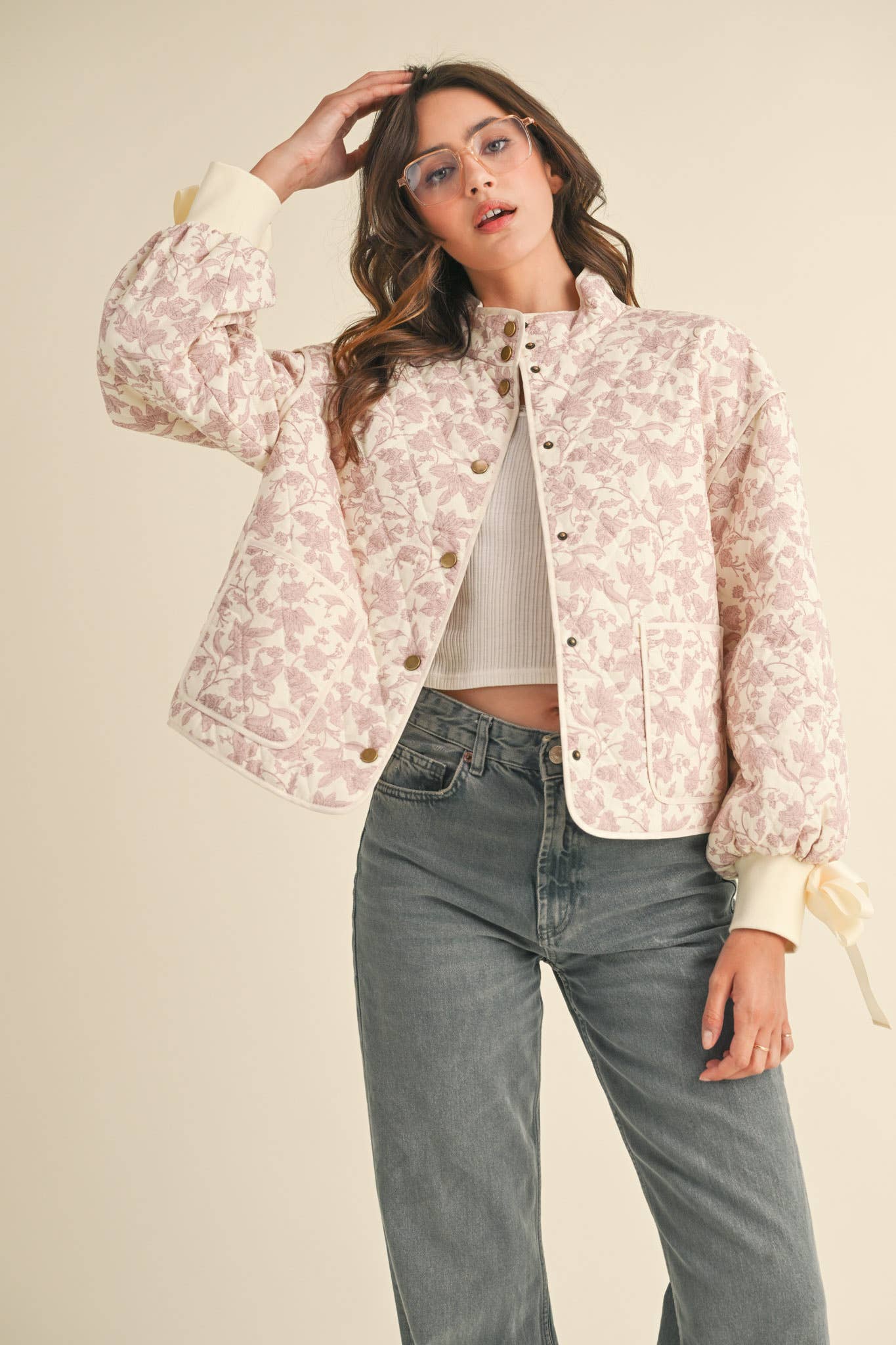 Floral Quilted Jacket With Ribbon