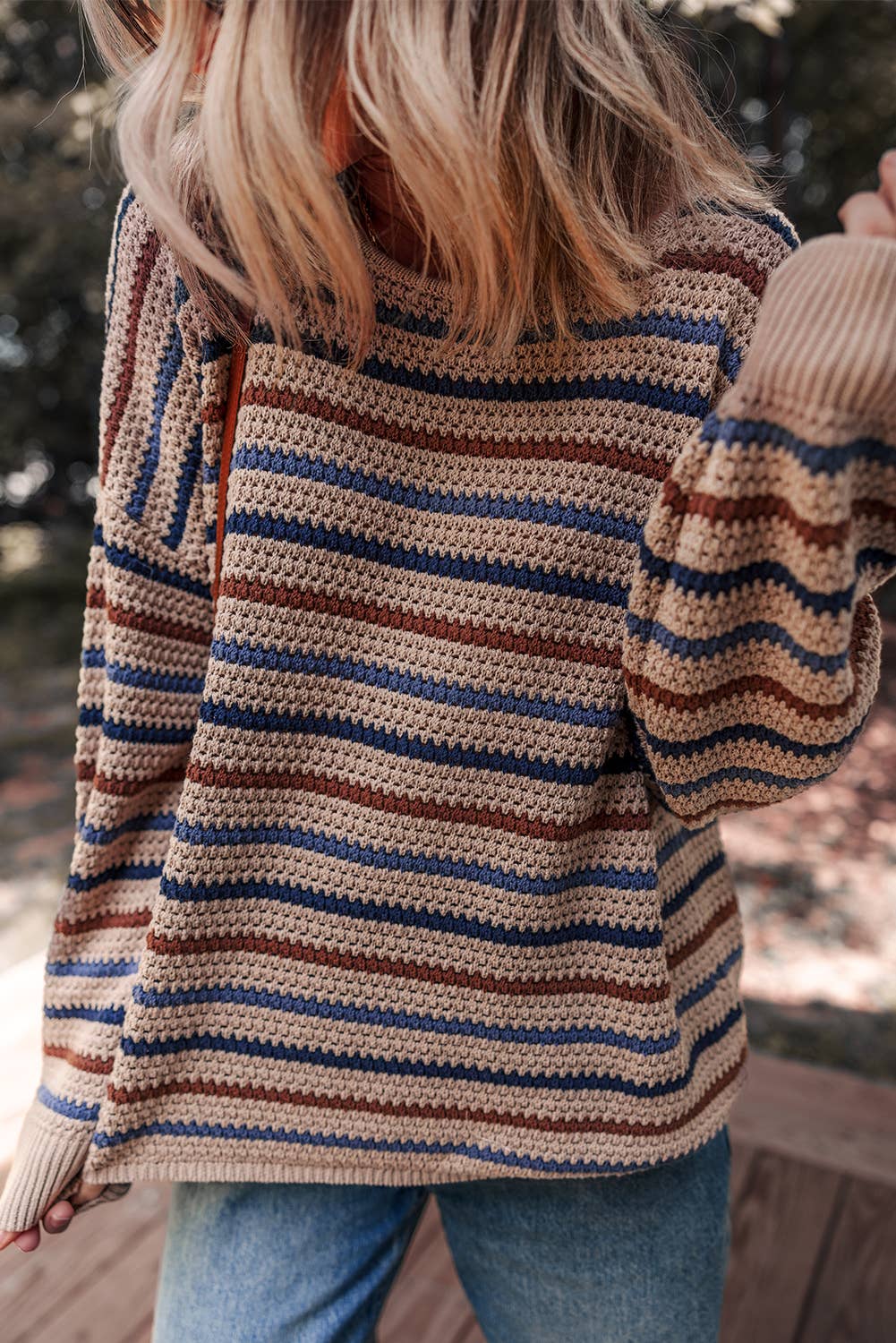 Striped Knitted Drop Shoulder Crew Neck Sweater