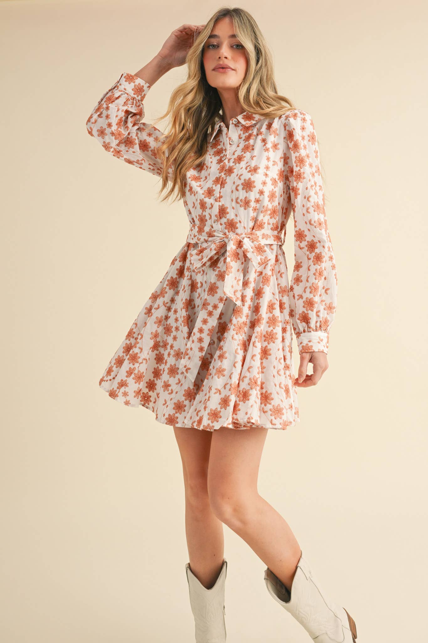 Floral Embroidery Button Down Flared Dress