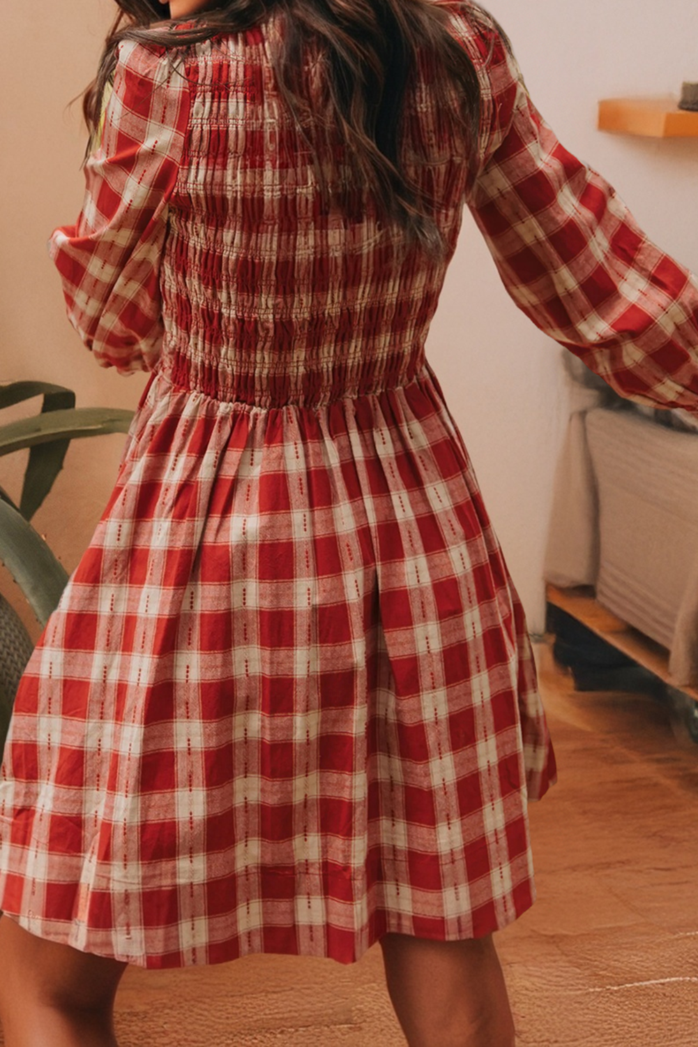Plaid Print Long Sleeve Smocked Flared Mini Dress