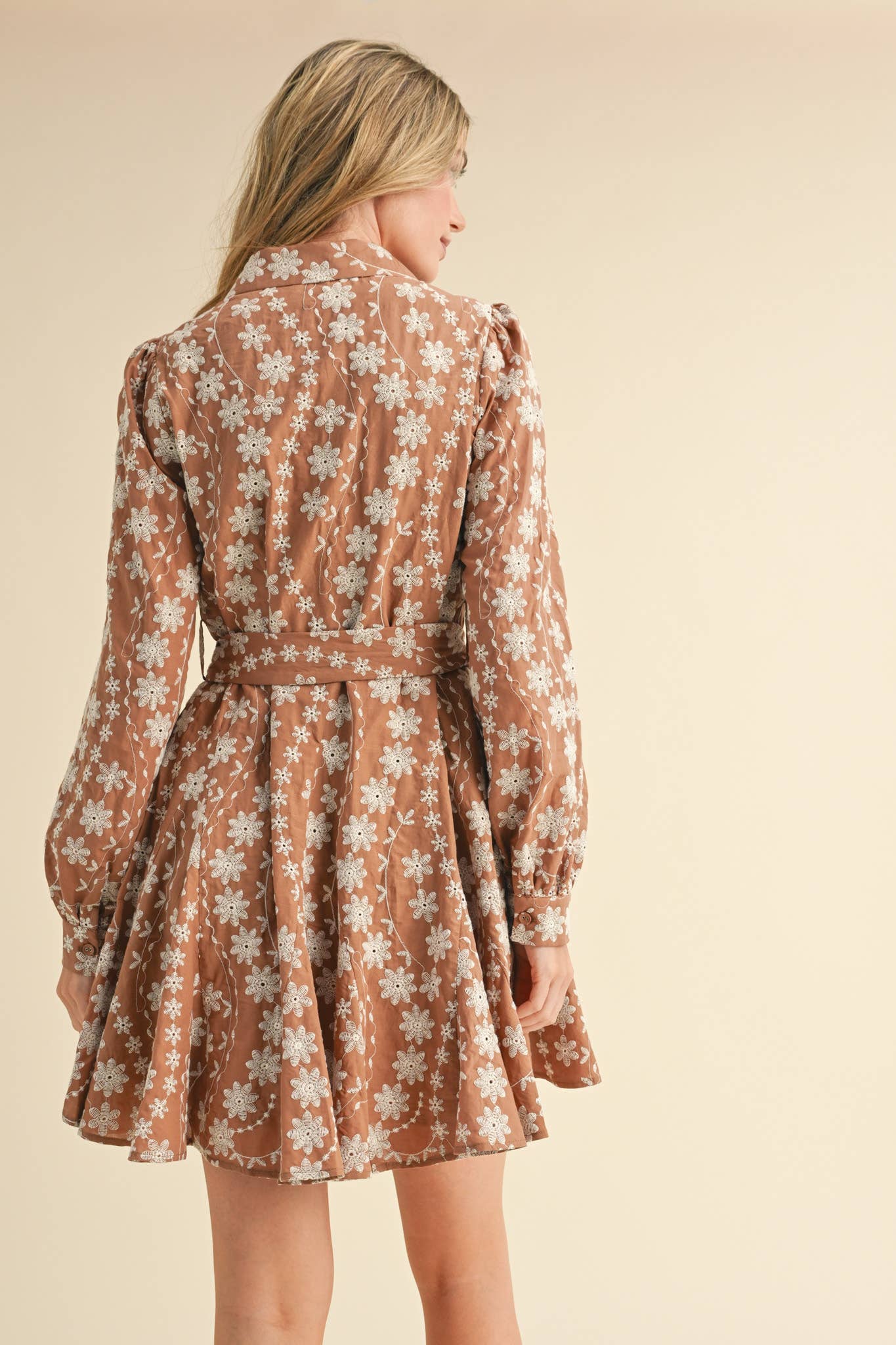 Floral Embroidery Button Down Flared Dress