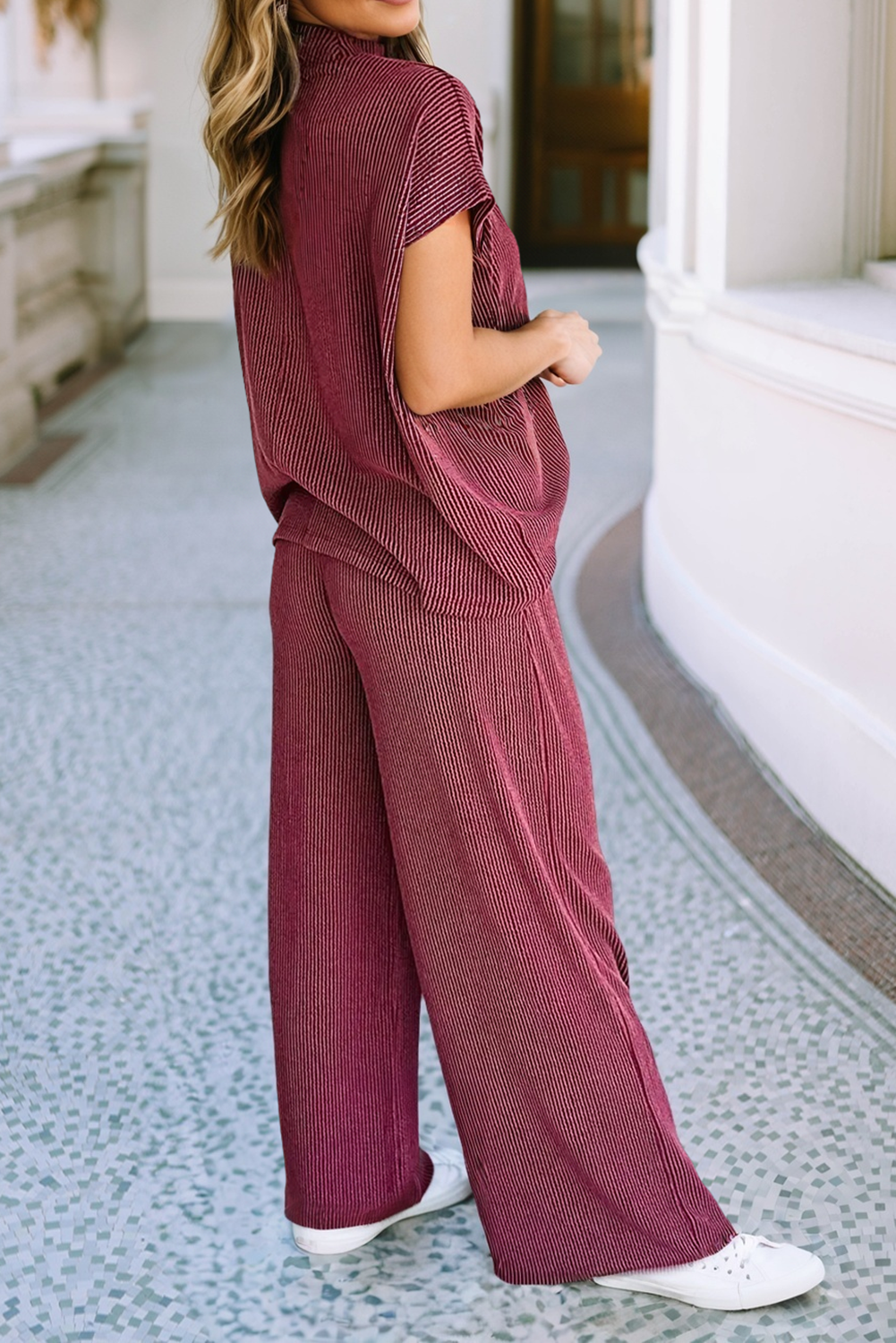 High Neck Loose Tee Elastic High Waist Loose Pant Set