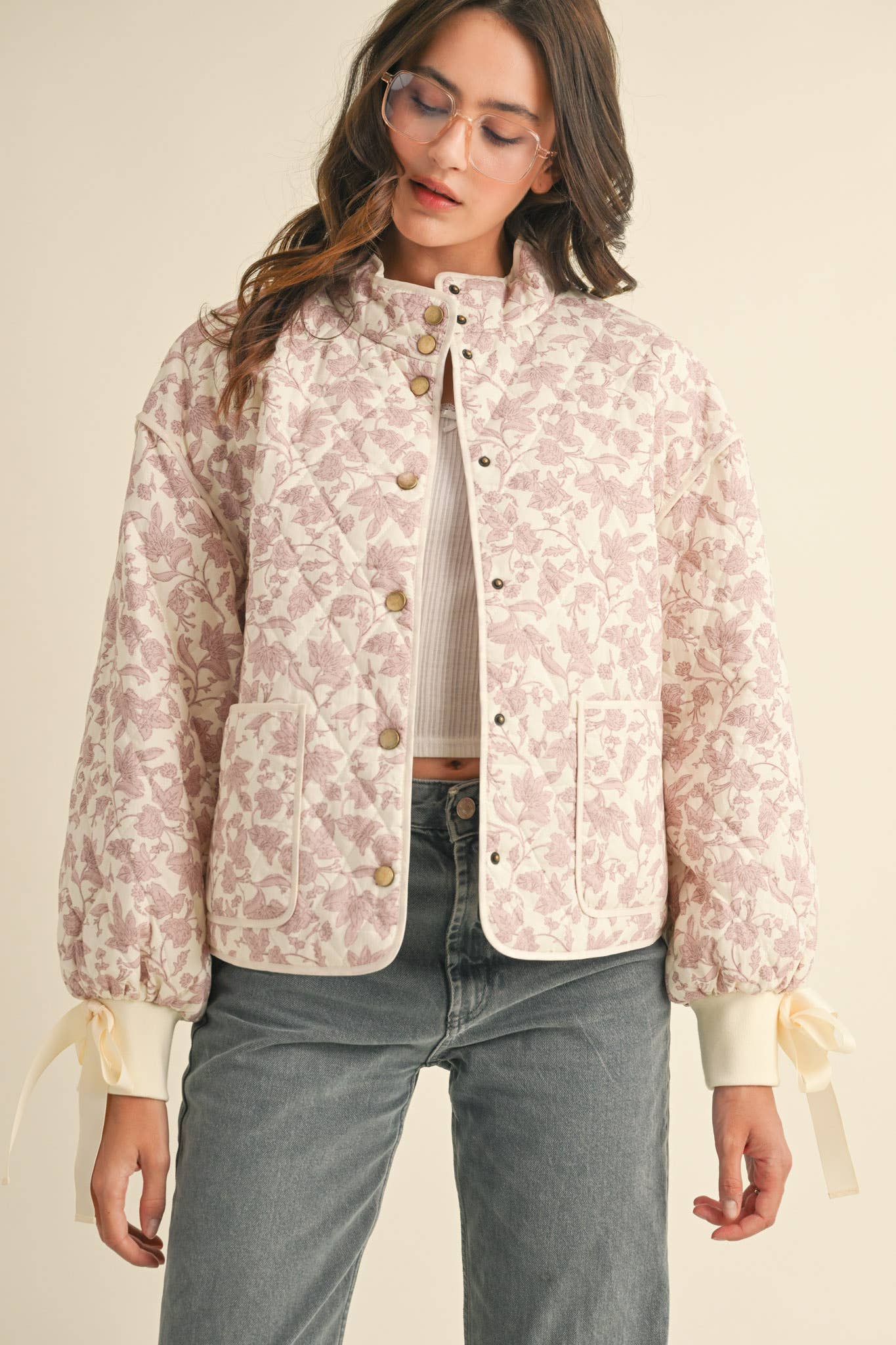Floral Quilted Jacket With Ribbon