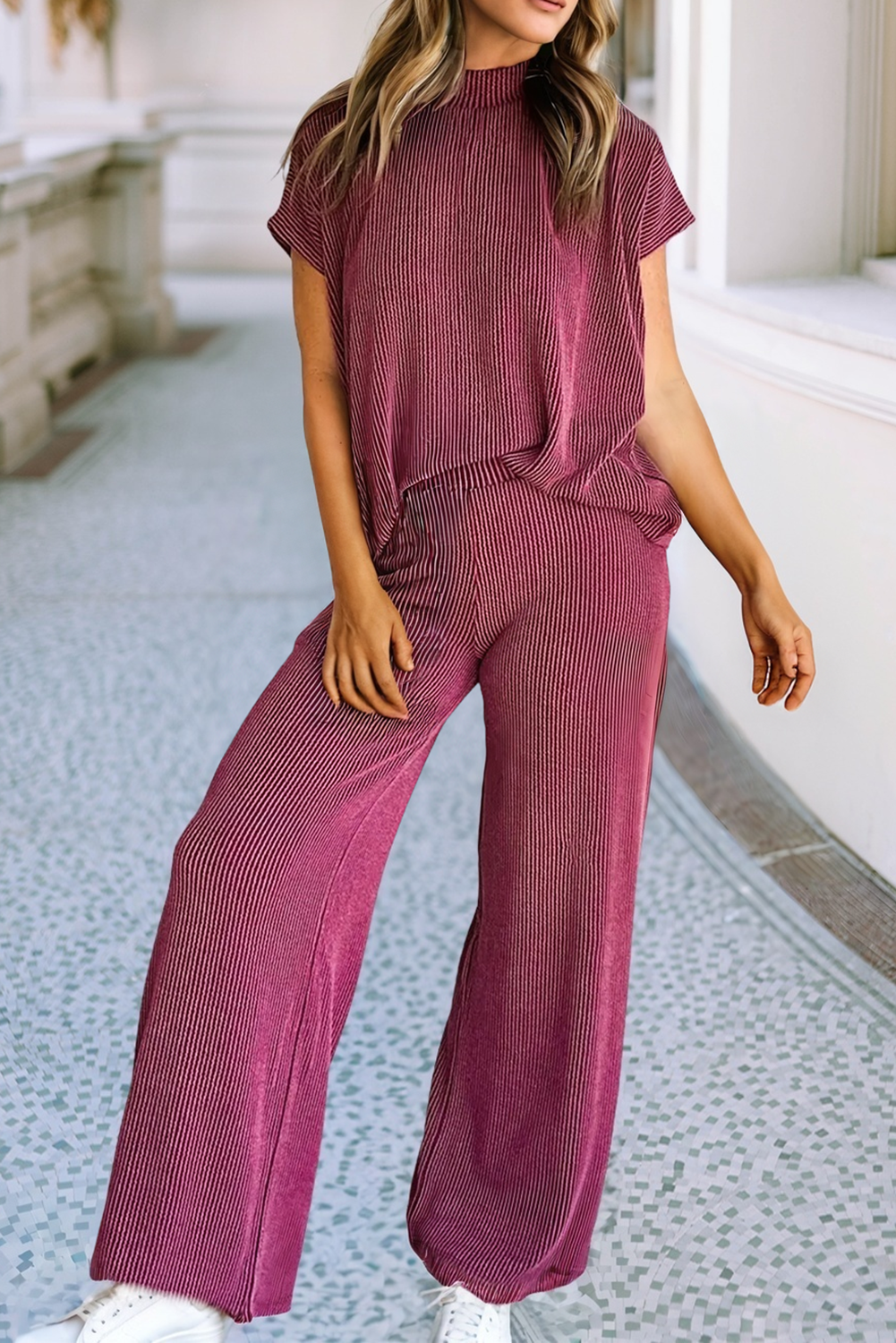 High Neck Loose Tee Elastic High Waist Loose Pant Set